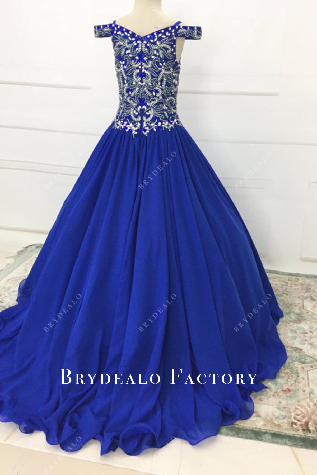 blue sweep train pageant dress