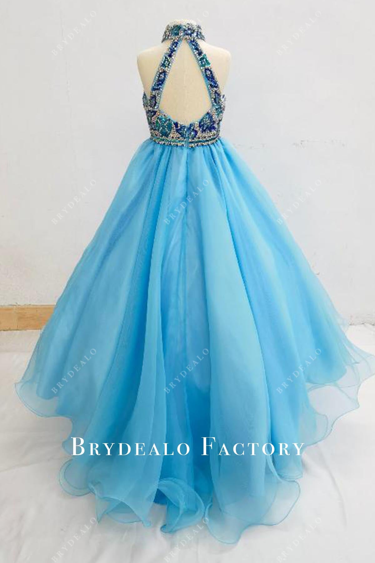 blue sweep train pageant dress