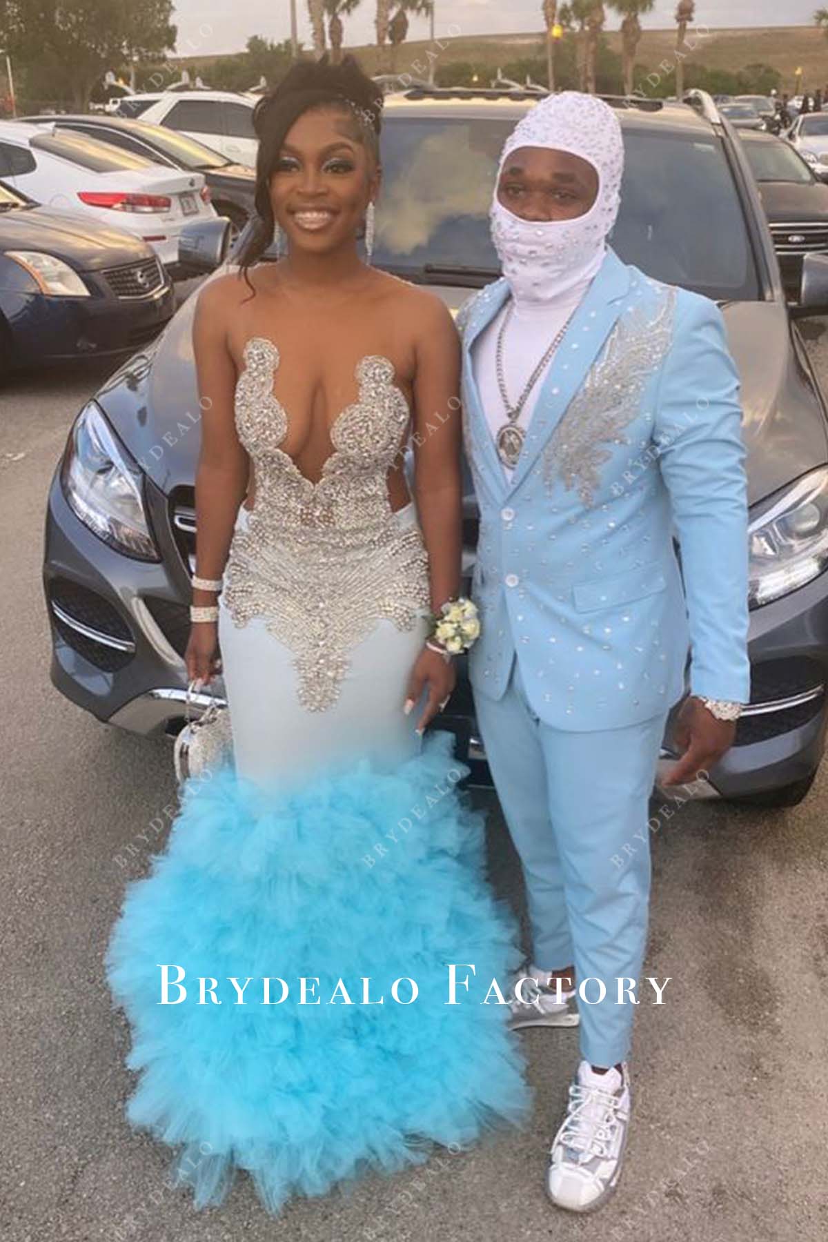 Rhinestone Plunging Sky Blue Tiered Trumpet Maxi Prom Dress