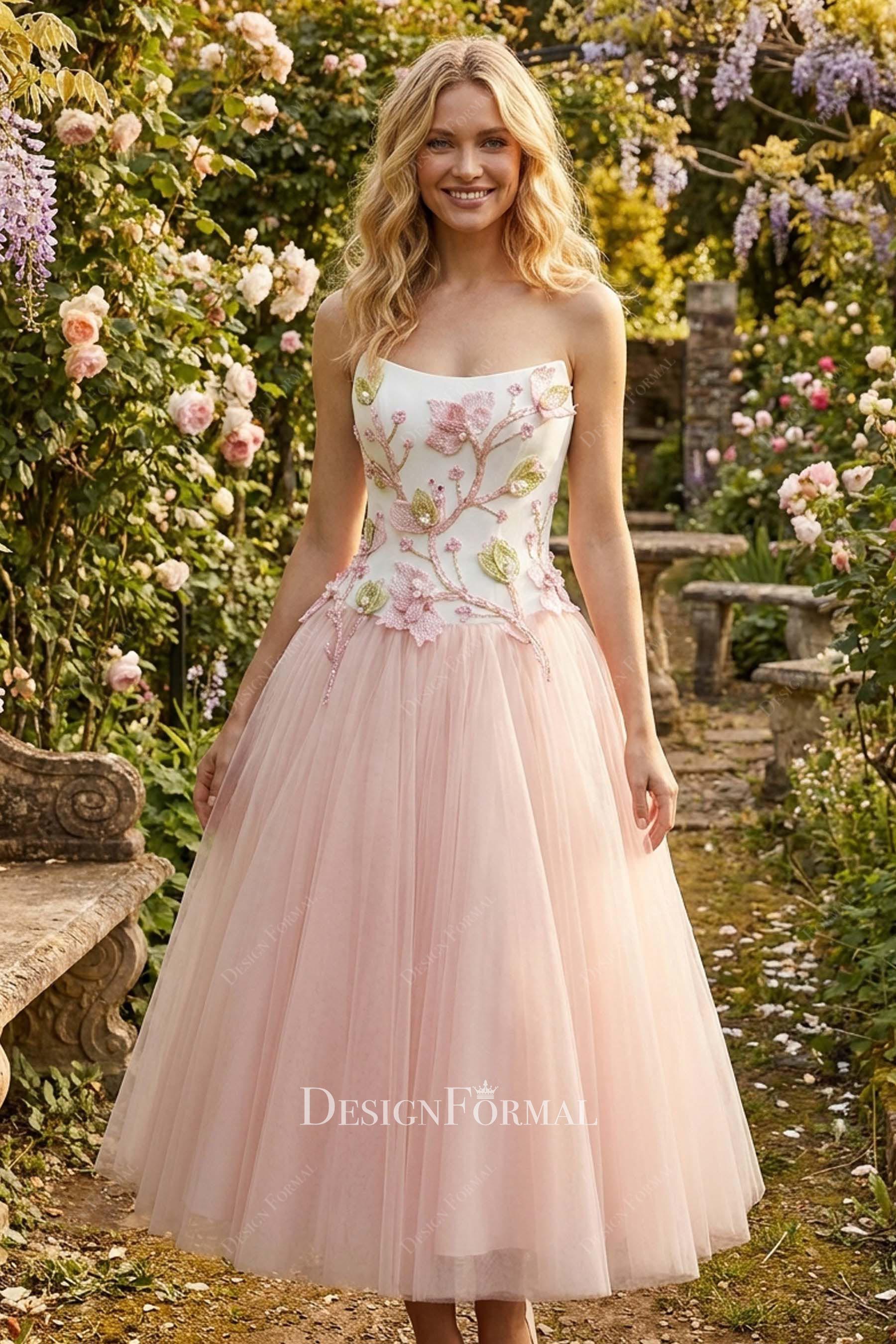 blush pink strapless wedding dress