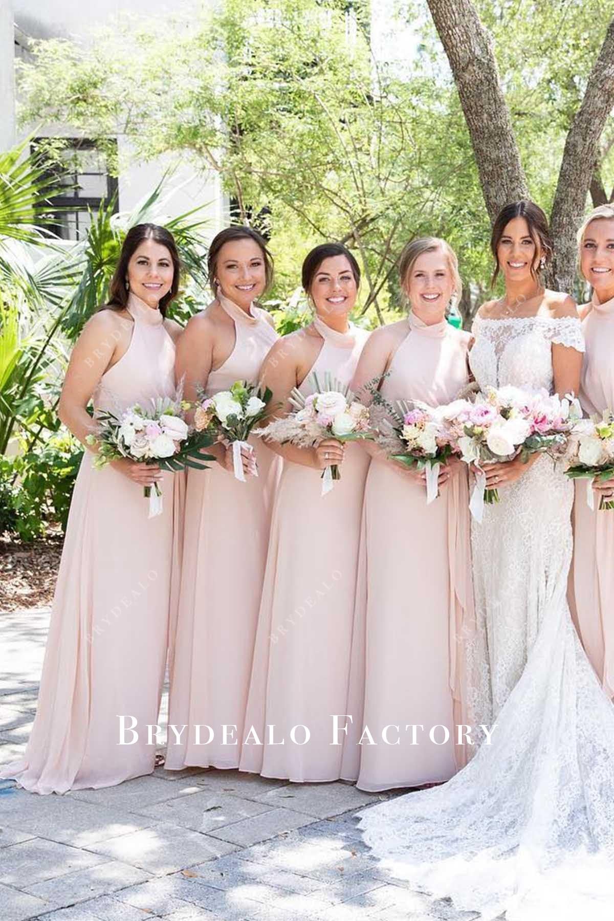 blushing pink halter bridesmaid dress