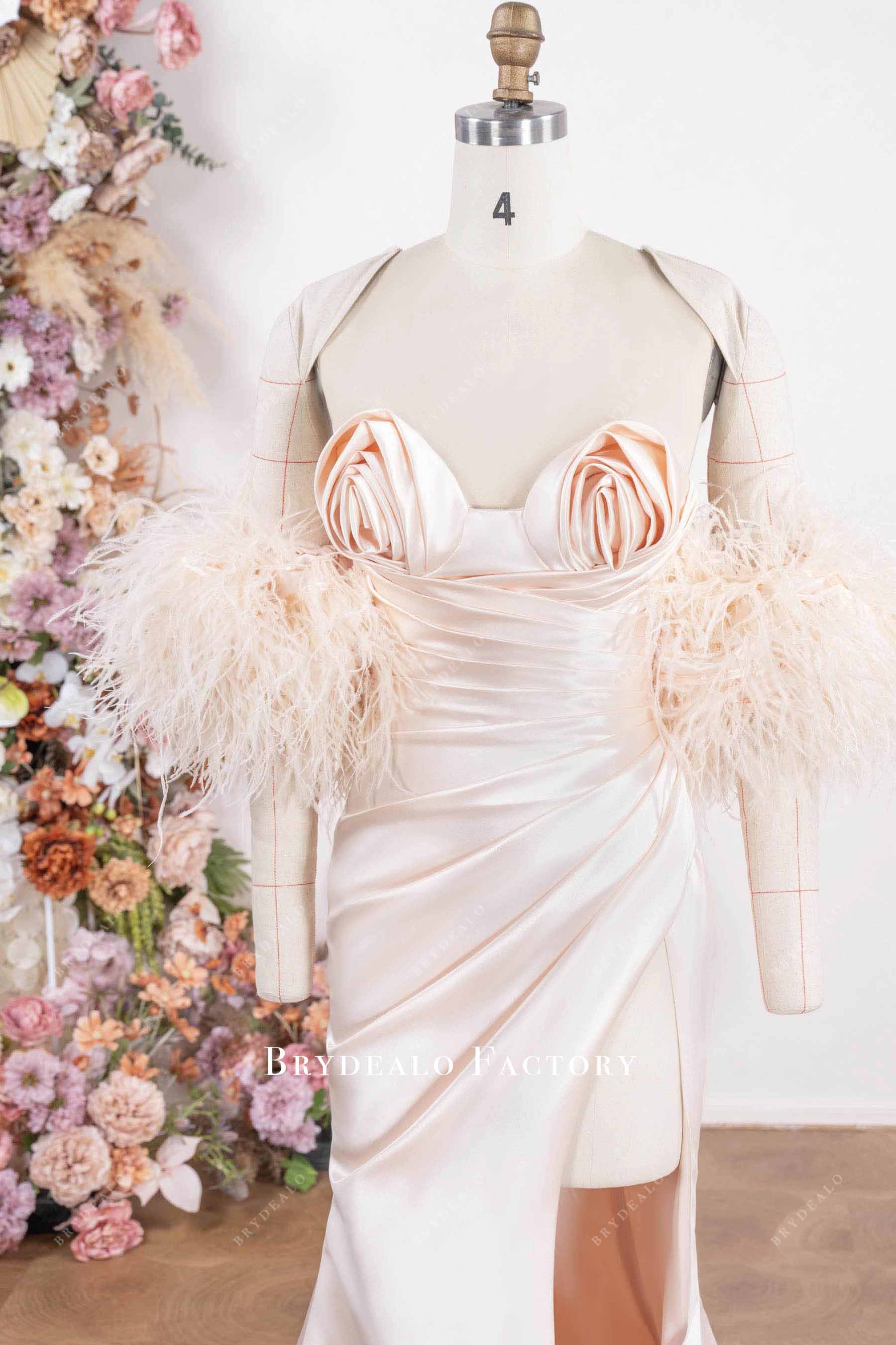 blushing pink satin off shoulder prom dress