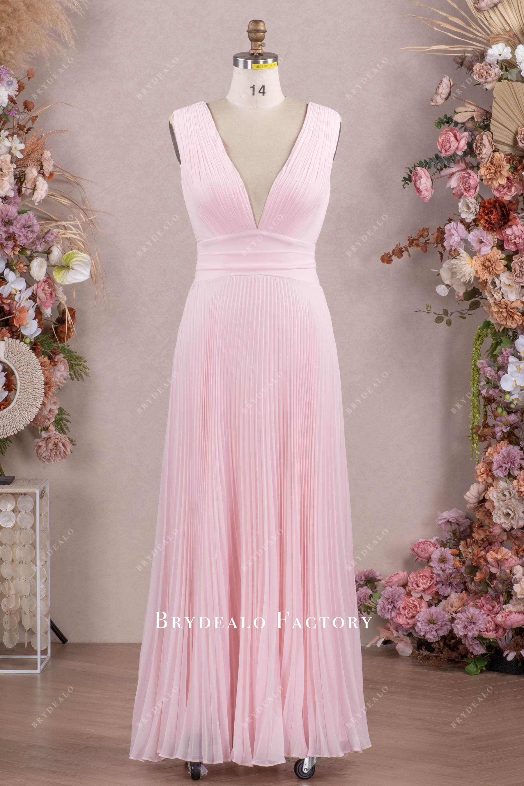 blushing pleated chiffon floor length bridesmaid dress