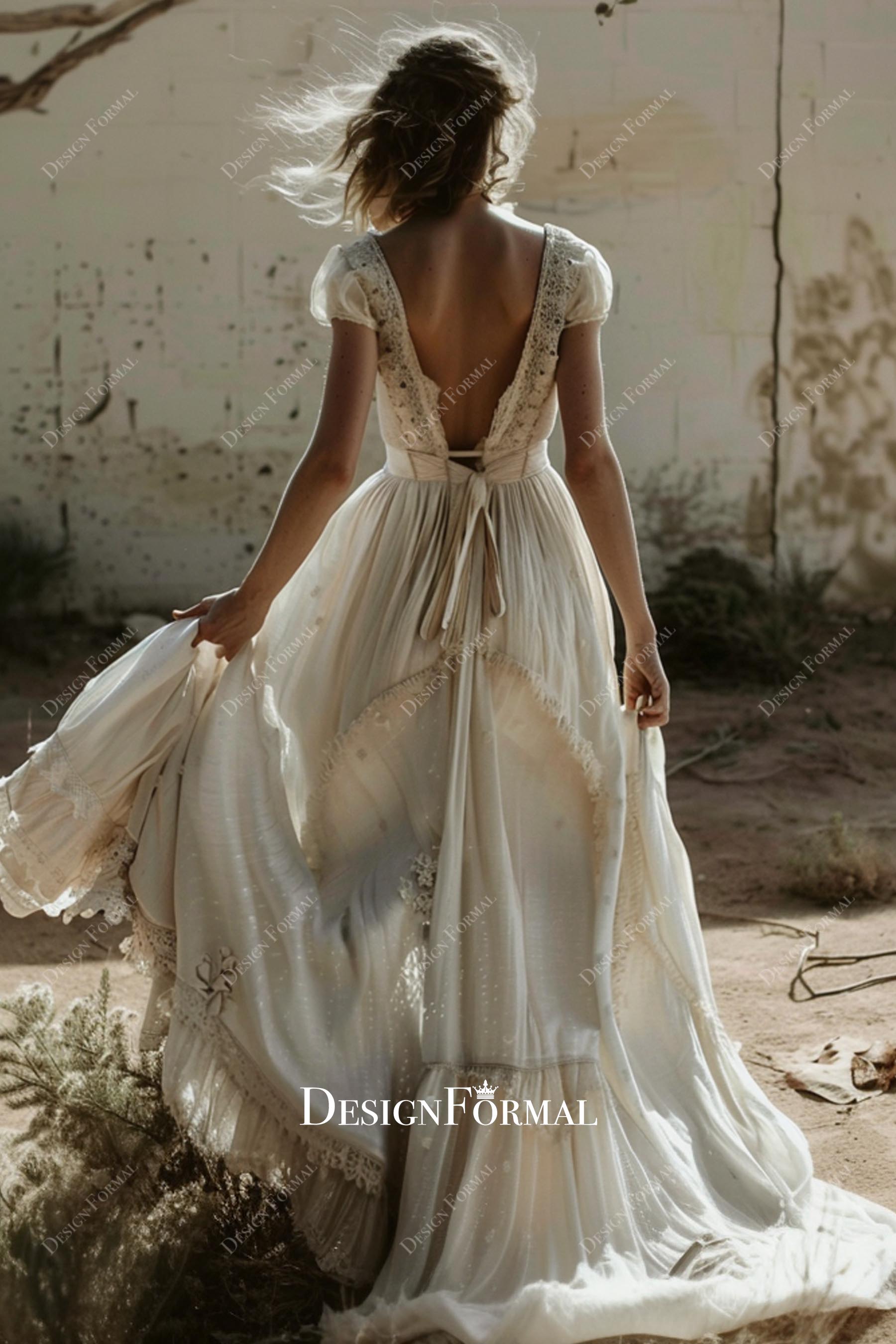 boho v back chiffon a line wedding dress