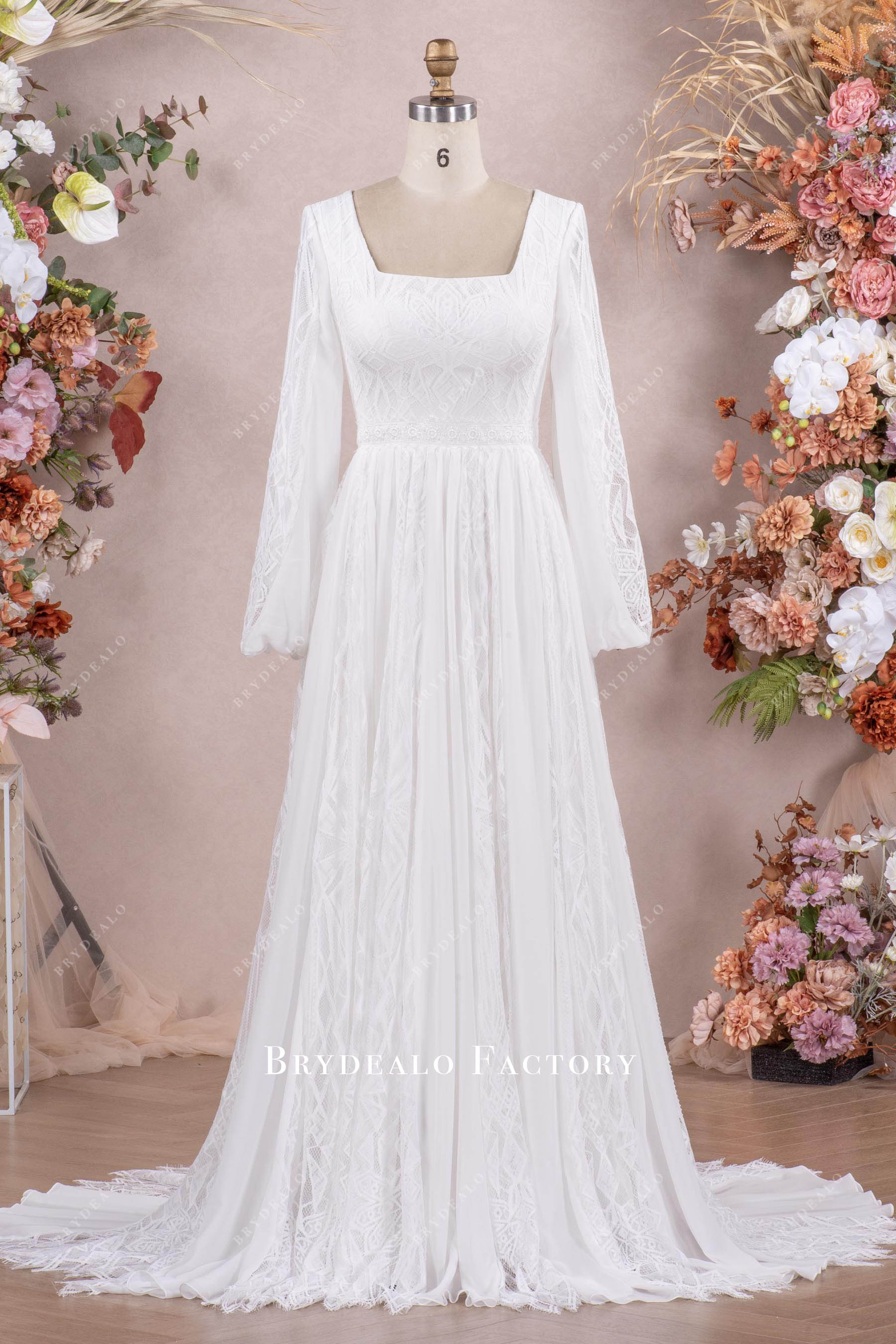 Boho Long Sleeve Lace Chiffon Square Neck Wedding Dress Boho Long Sleeve Lace Chiffon Square Neck Wedding Dress