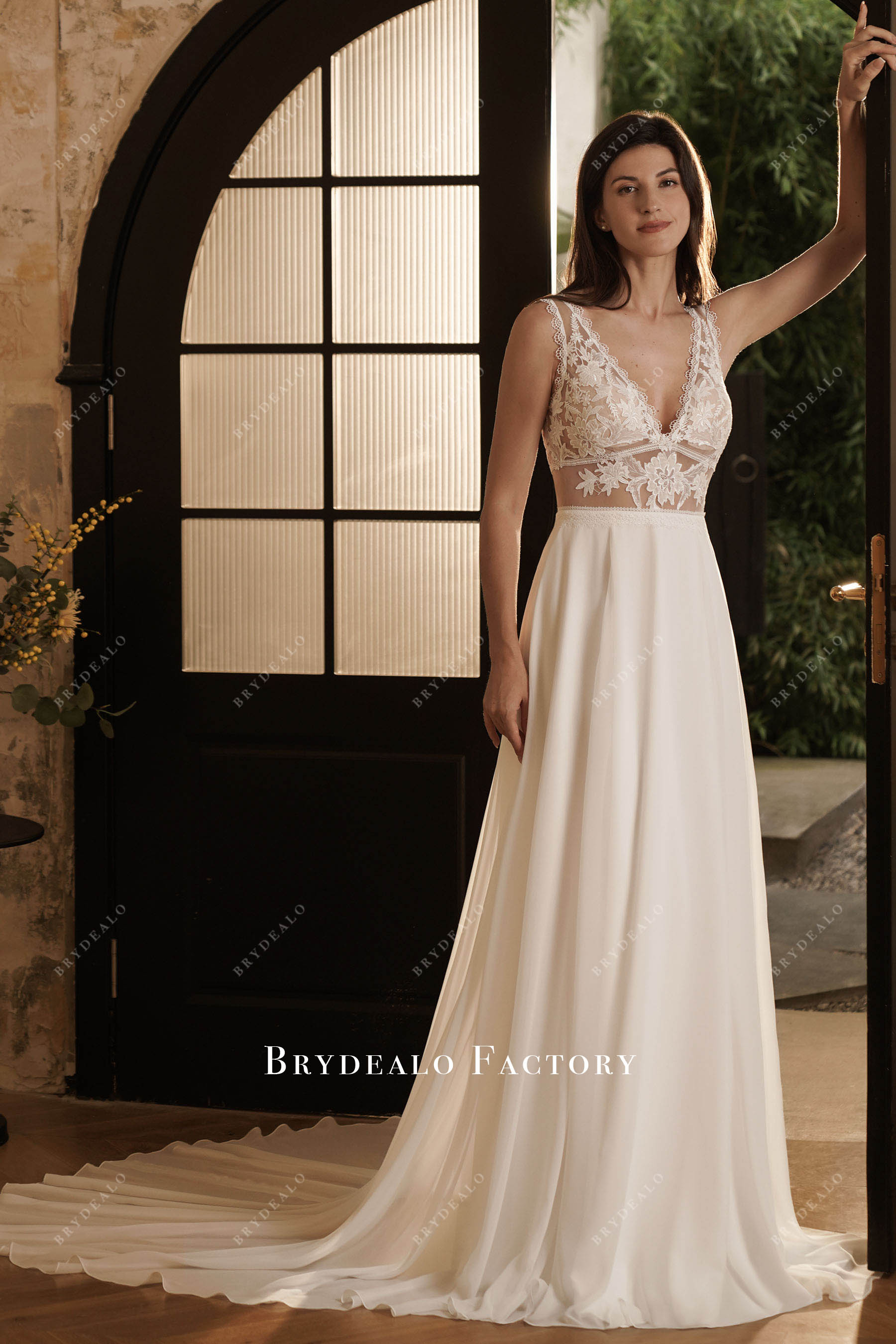 Scalloped Lace Plunging Top Chiffon Boho Wedding Dress