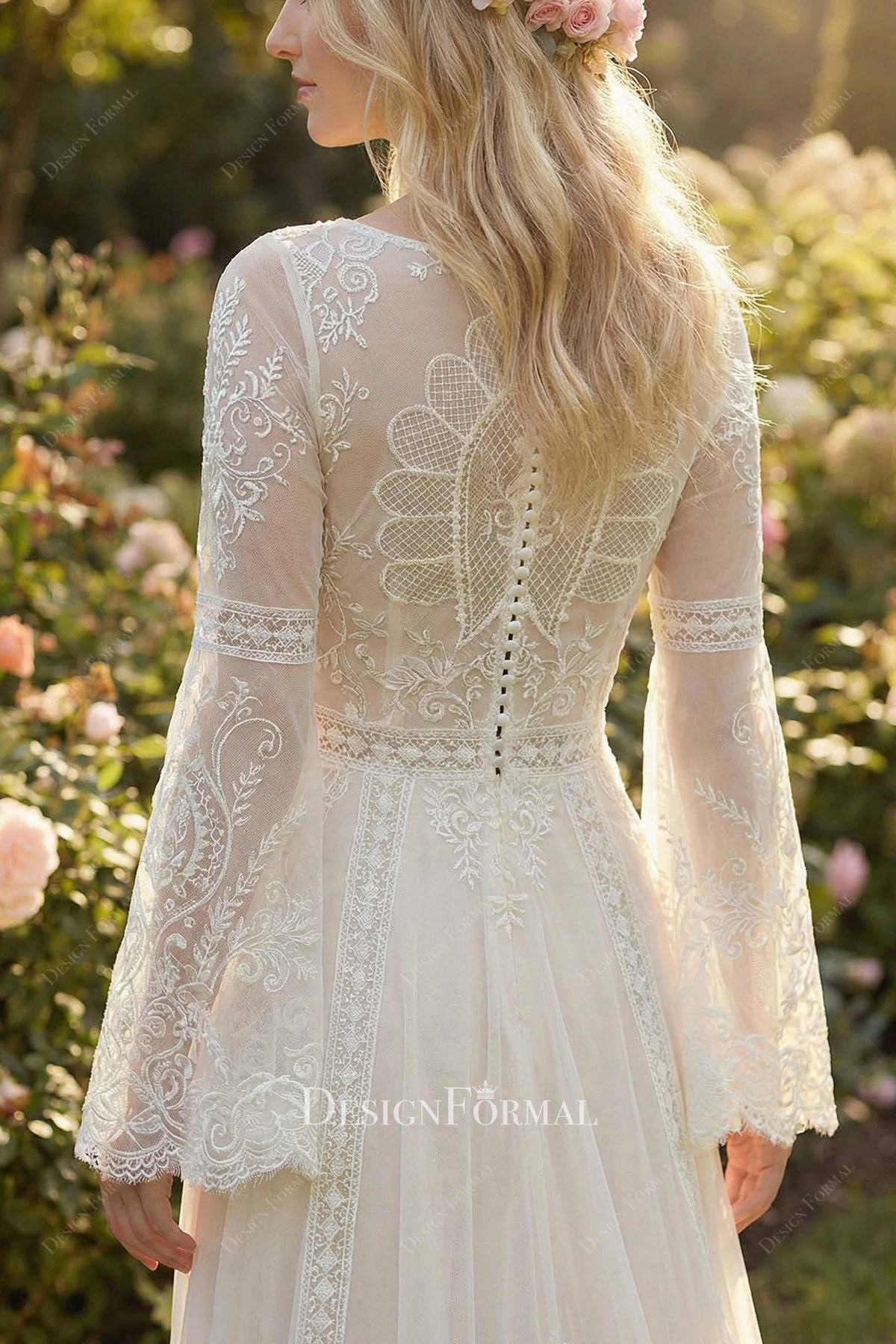 boho lace buttoned back wedding dress