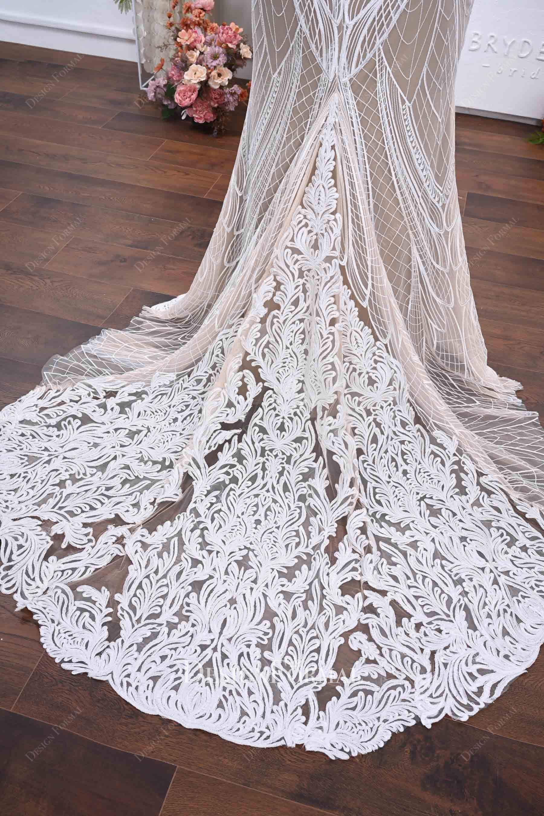 boho lace godet train wedding dress