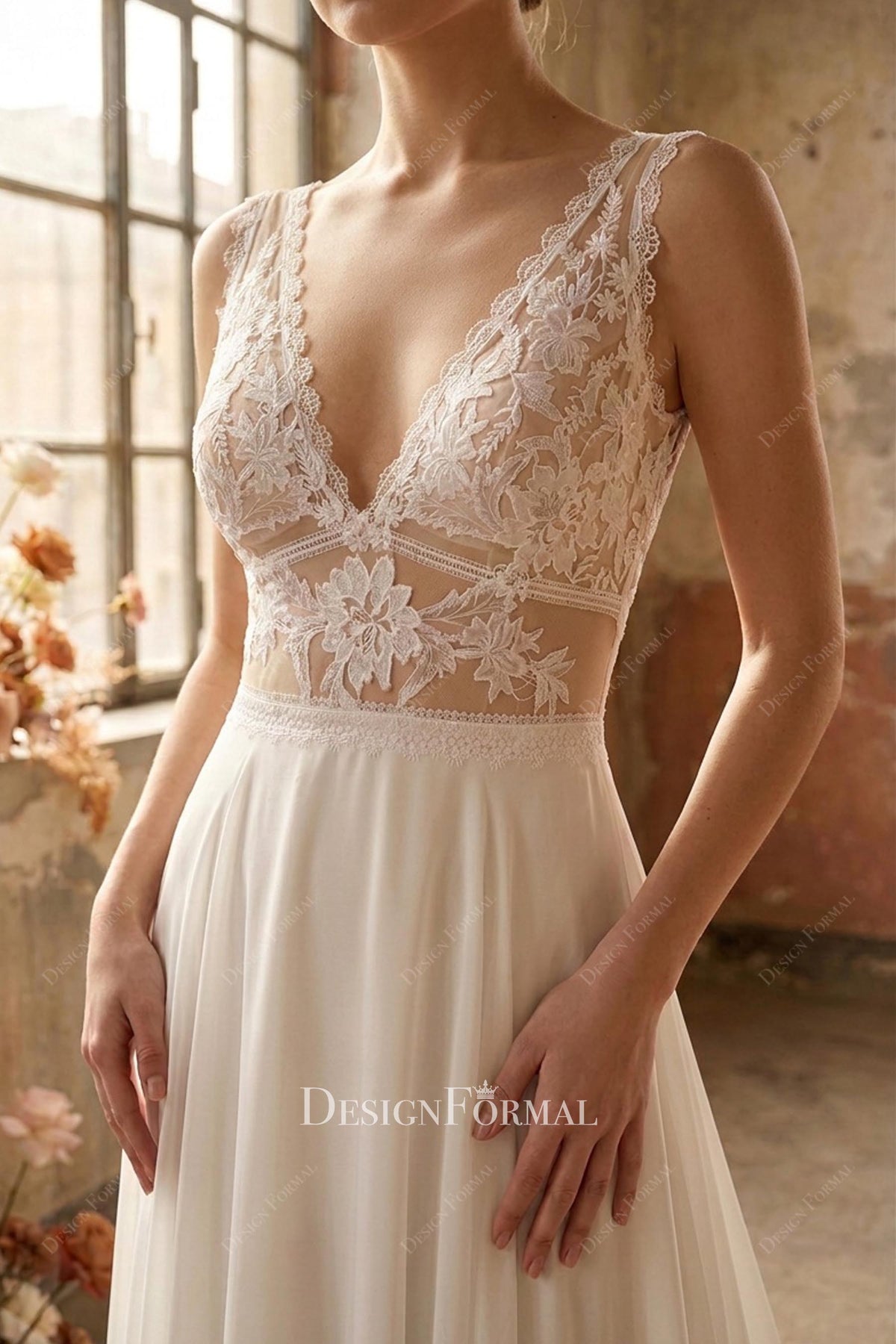 boho lace plunging neck wedding dress