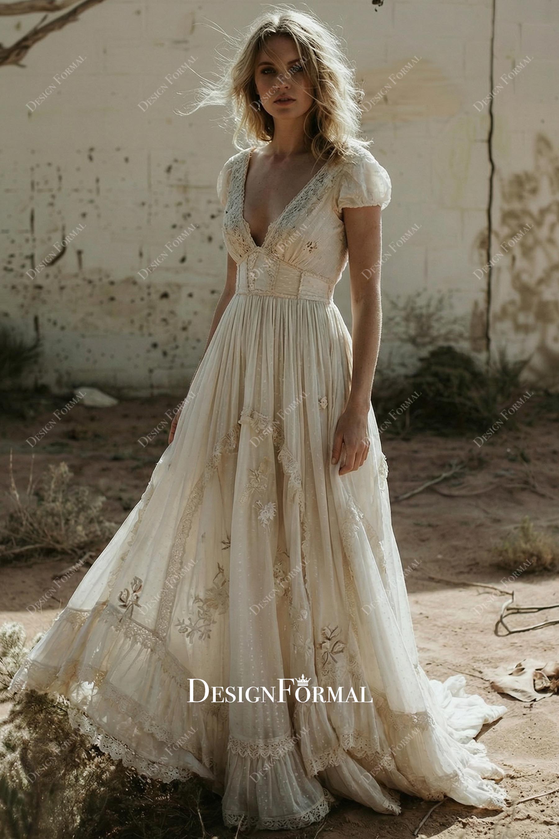 Ivory Open V-Back Lace A-Line Wedding Dress, Ivory Ivory Open V-Back Lace A-Line Wedding Dress, Ivory