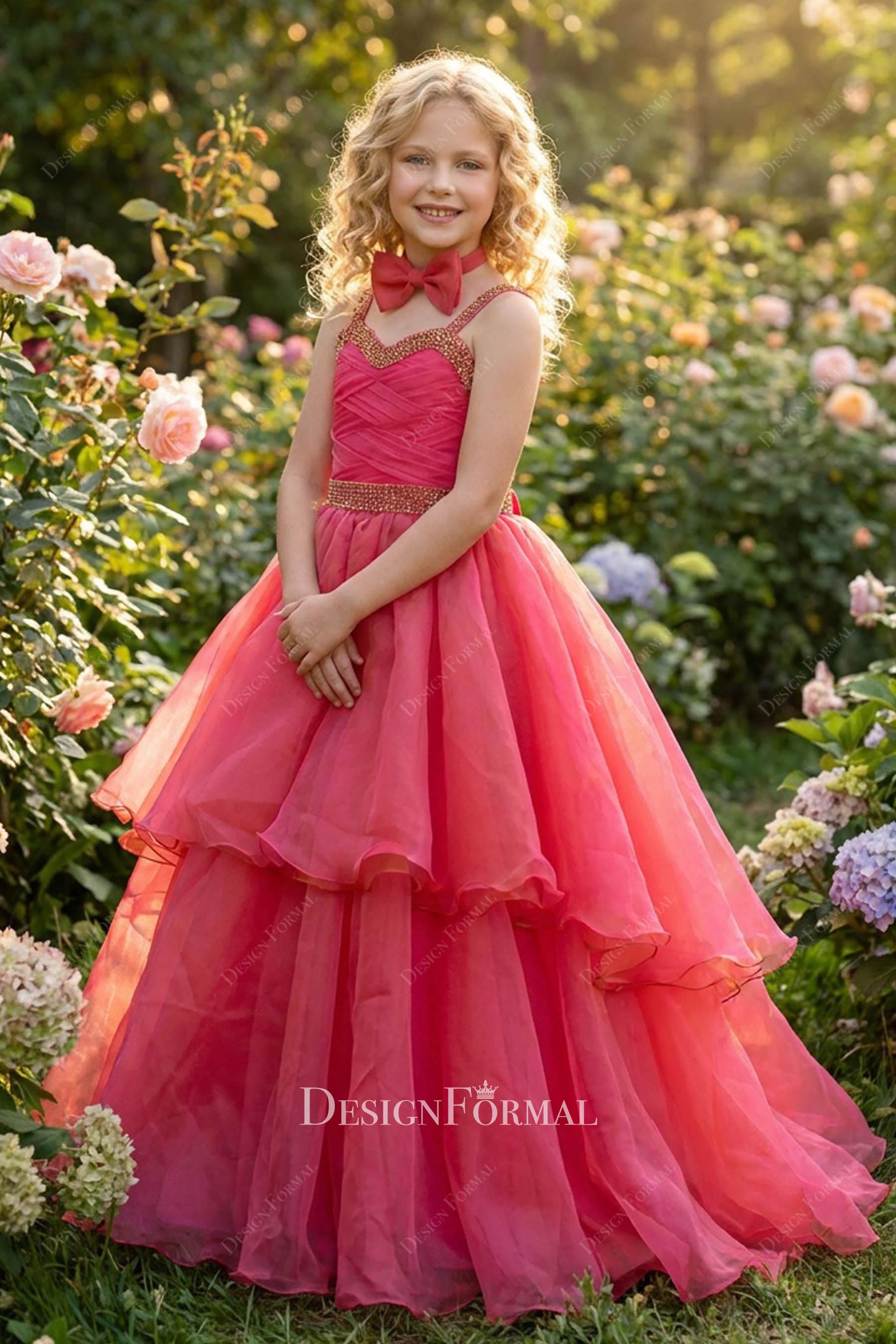 bow tie tiered teen pageant gown