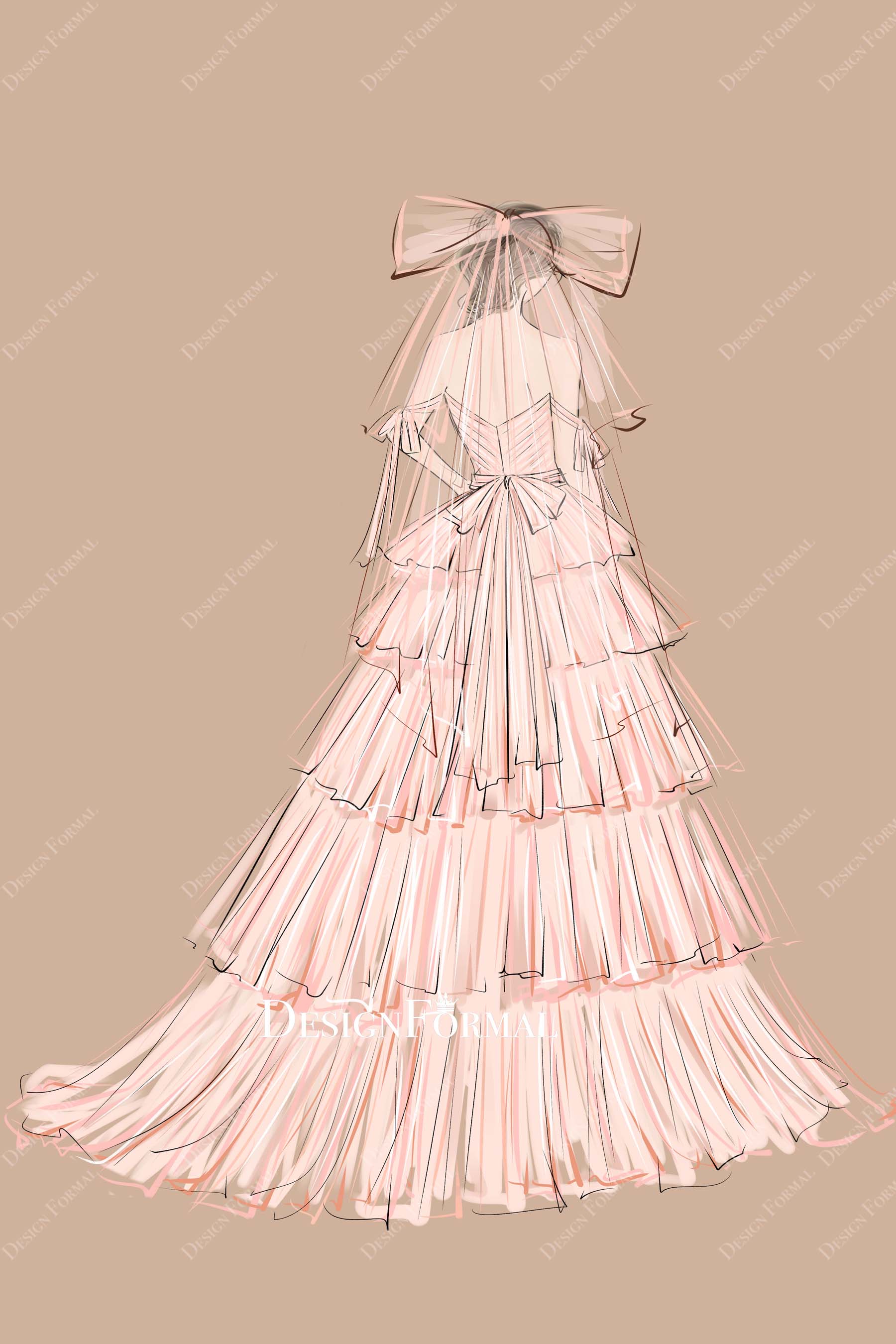 Blushing Pink Bow Veil Off Shoulder Dress Sketch, A Custom Sketch