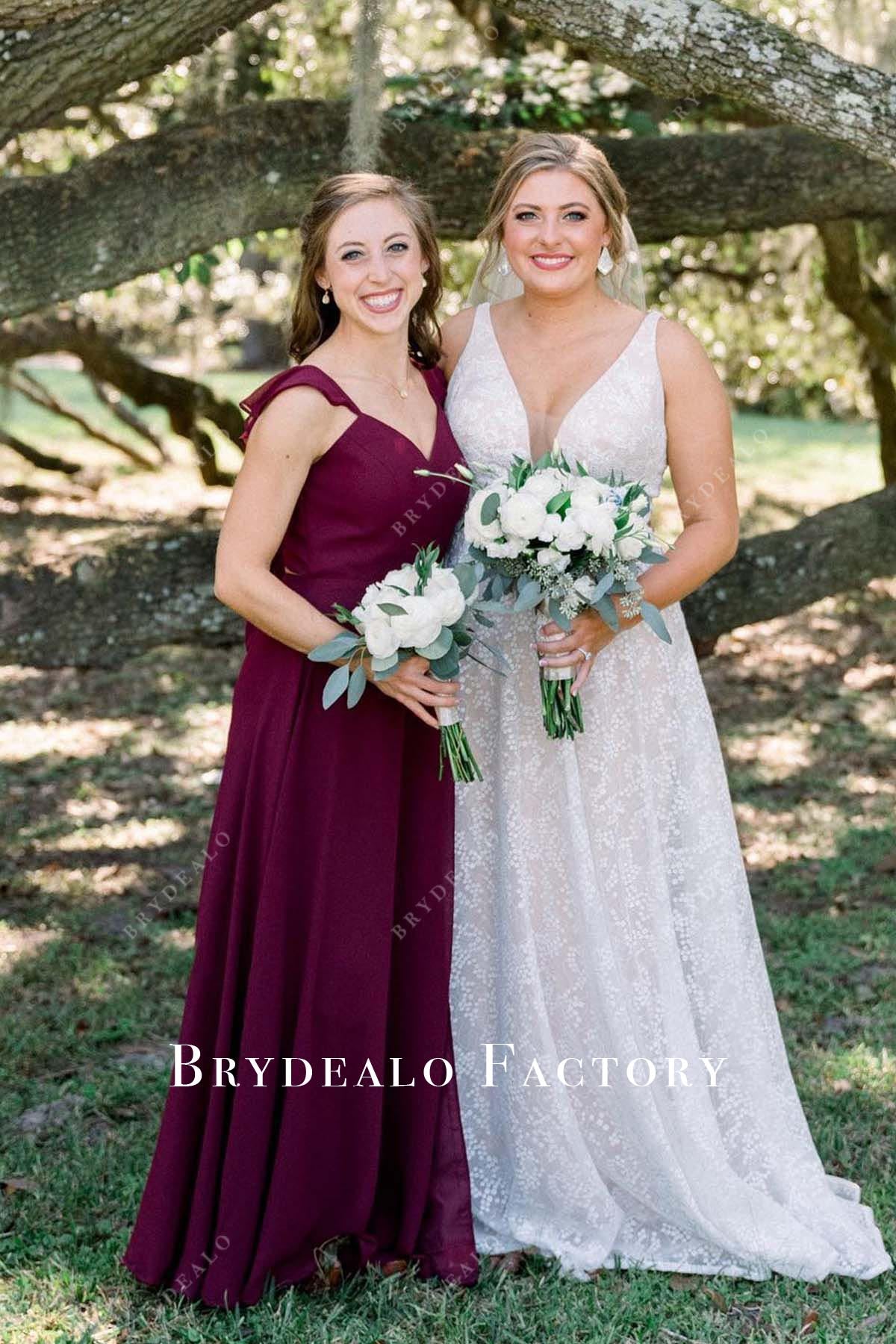 burgundy a line bridesmaid dress