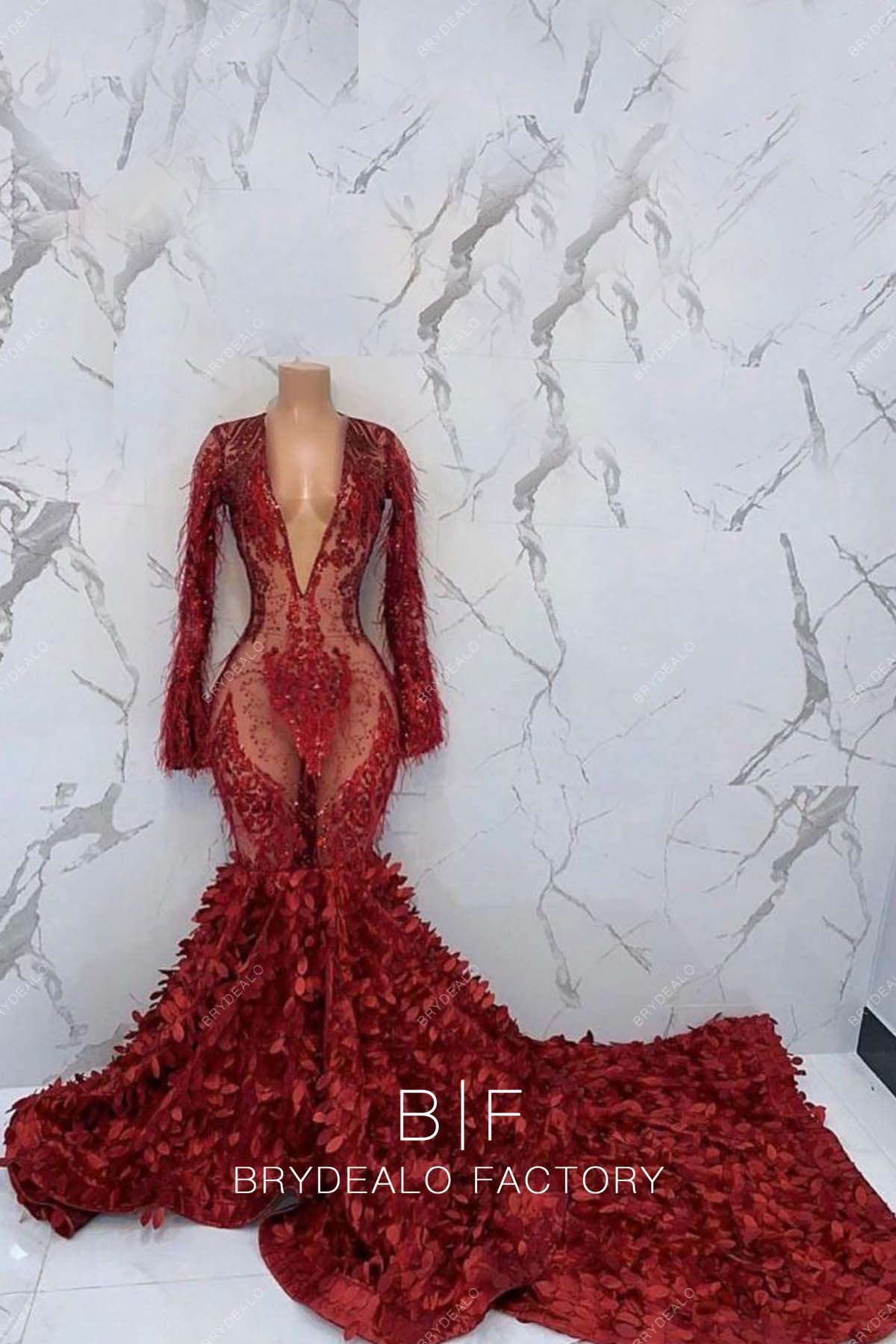 Burgundy Ostrich Feathers Long Sleeve 3D Leaf Mermaid Prom Dress Burgundy Ostrich Feathers Long Sleeve 3D Leaf Mermaid Prom Dress