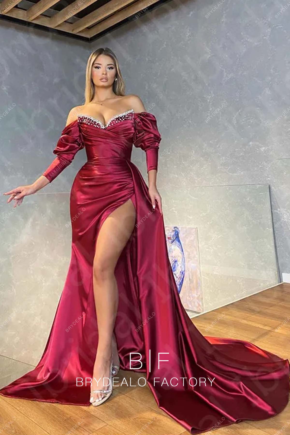 Burgundy Satin 3/4 Sleeves Off Shoulder Slit Mermaid Prom Dress Burgundy Satin 3/4 Sleeves Off Shoulder Slit Mermaid Prom Dress