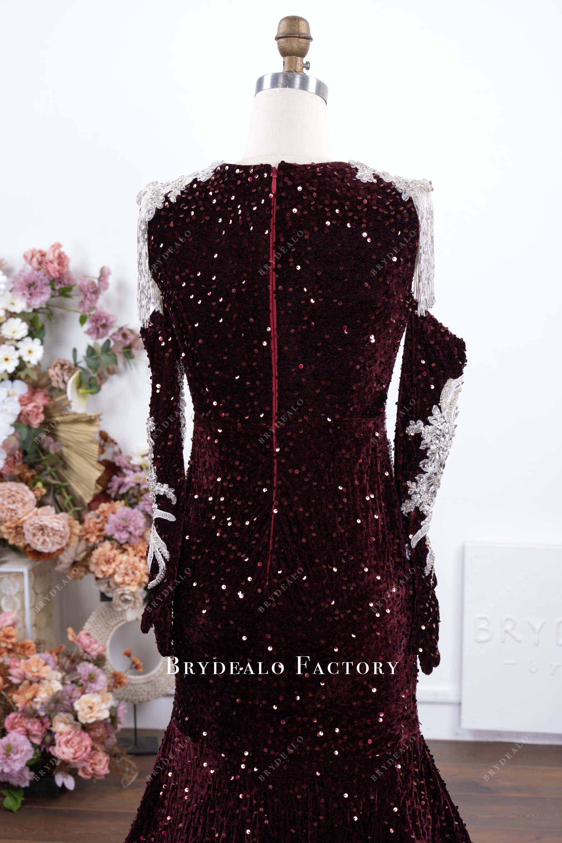 burgundy sequin mermaid prom dress