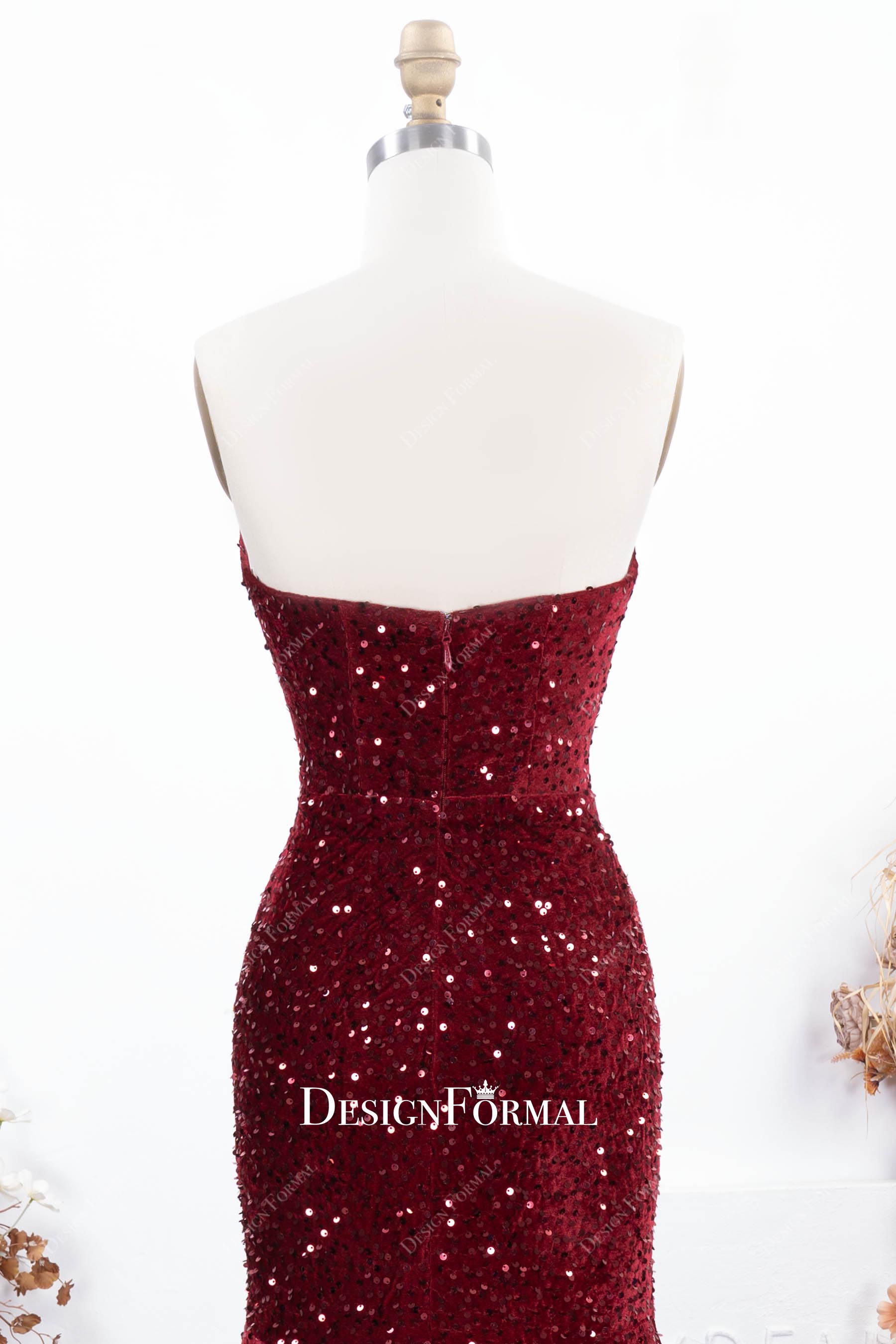 burgundy sequin open back trumpet prom dress