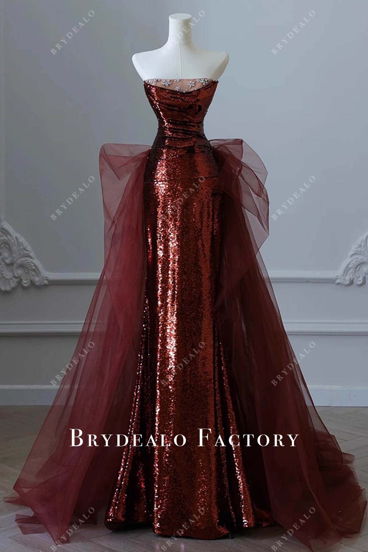 19075 Burgundy Sheer Sleeve Sequined Tulle Dress