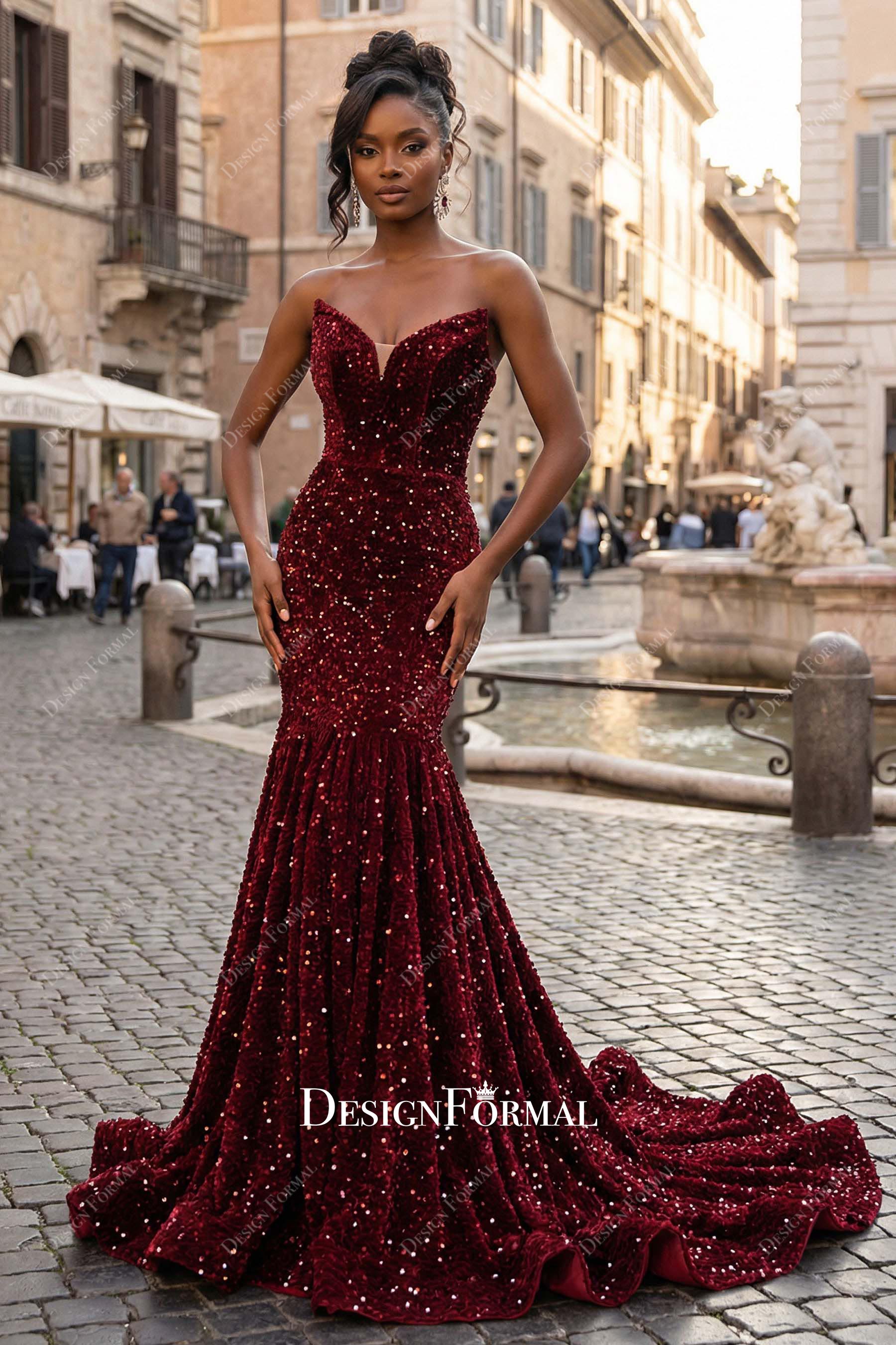 burgundy sequin strapless trumpet prom dress