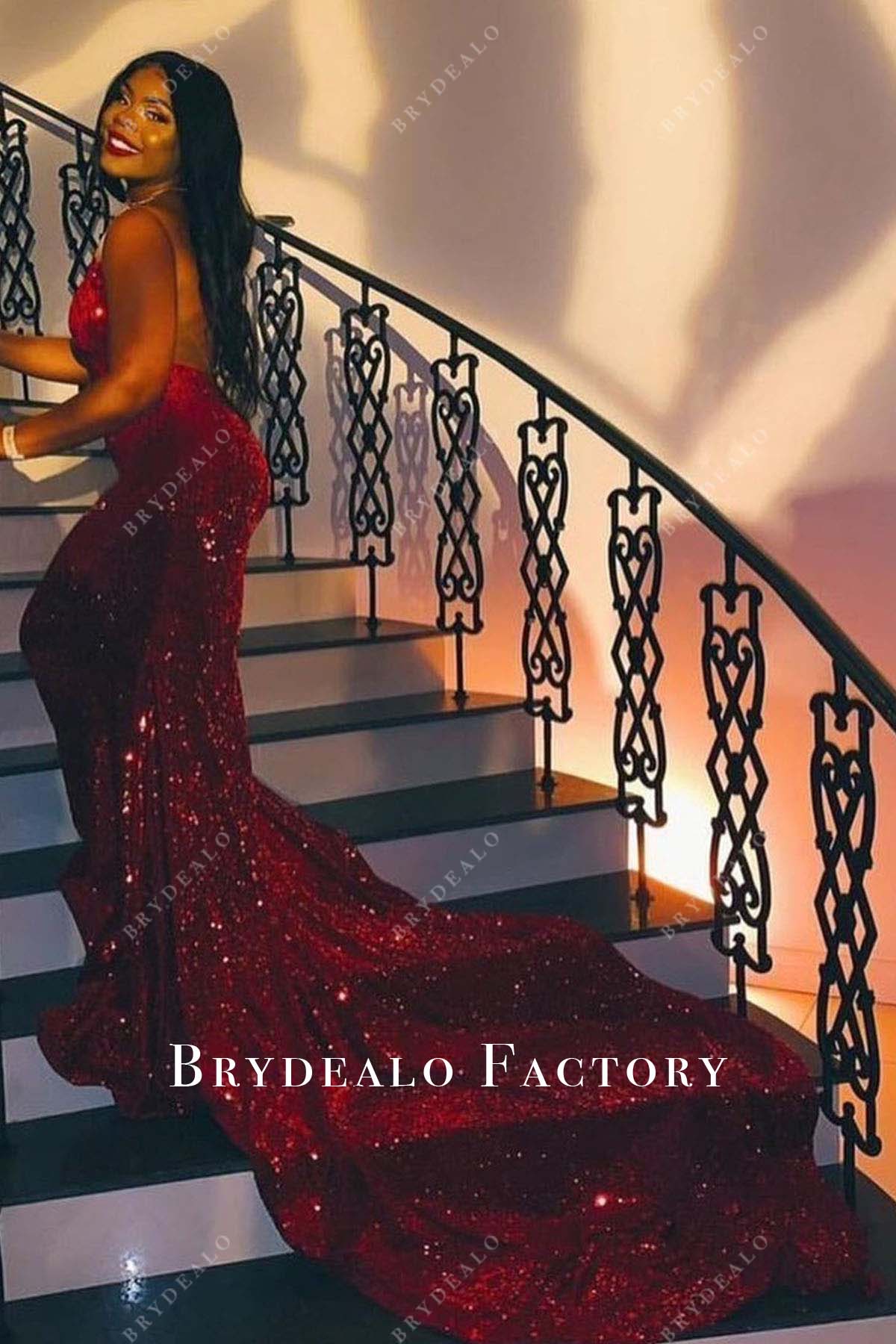 burgundy sequined backless prom dress