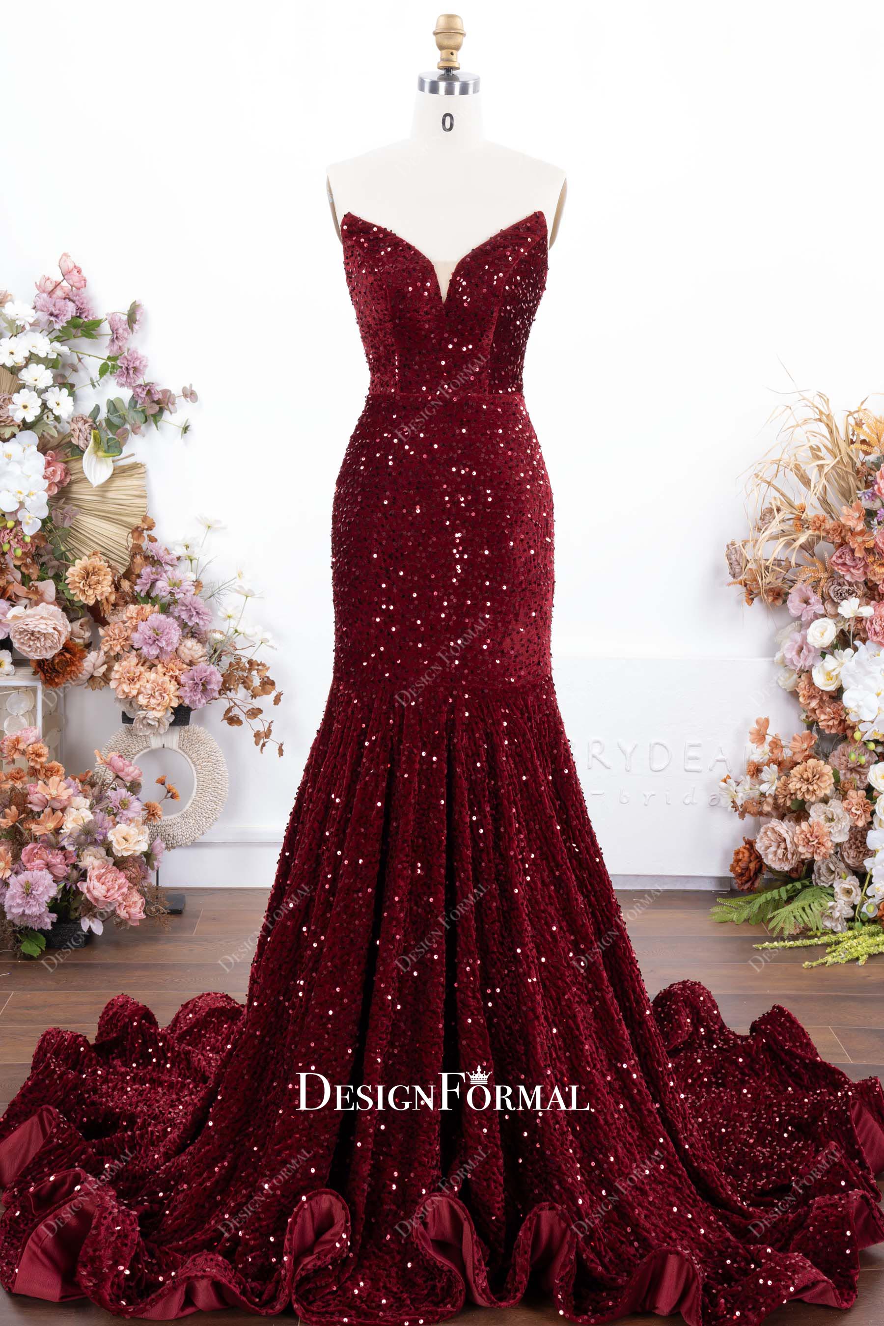 burgundy strapless v neck prom dress
