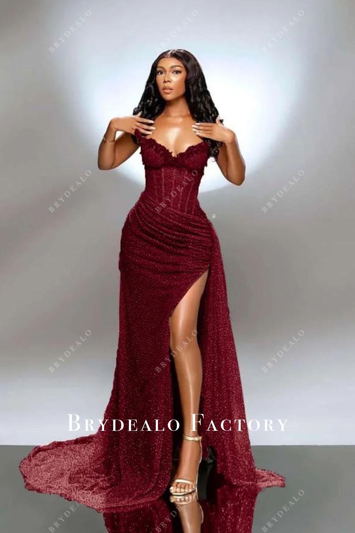 burgundy strapless v neck prom dress