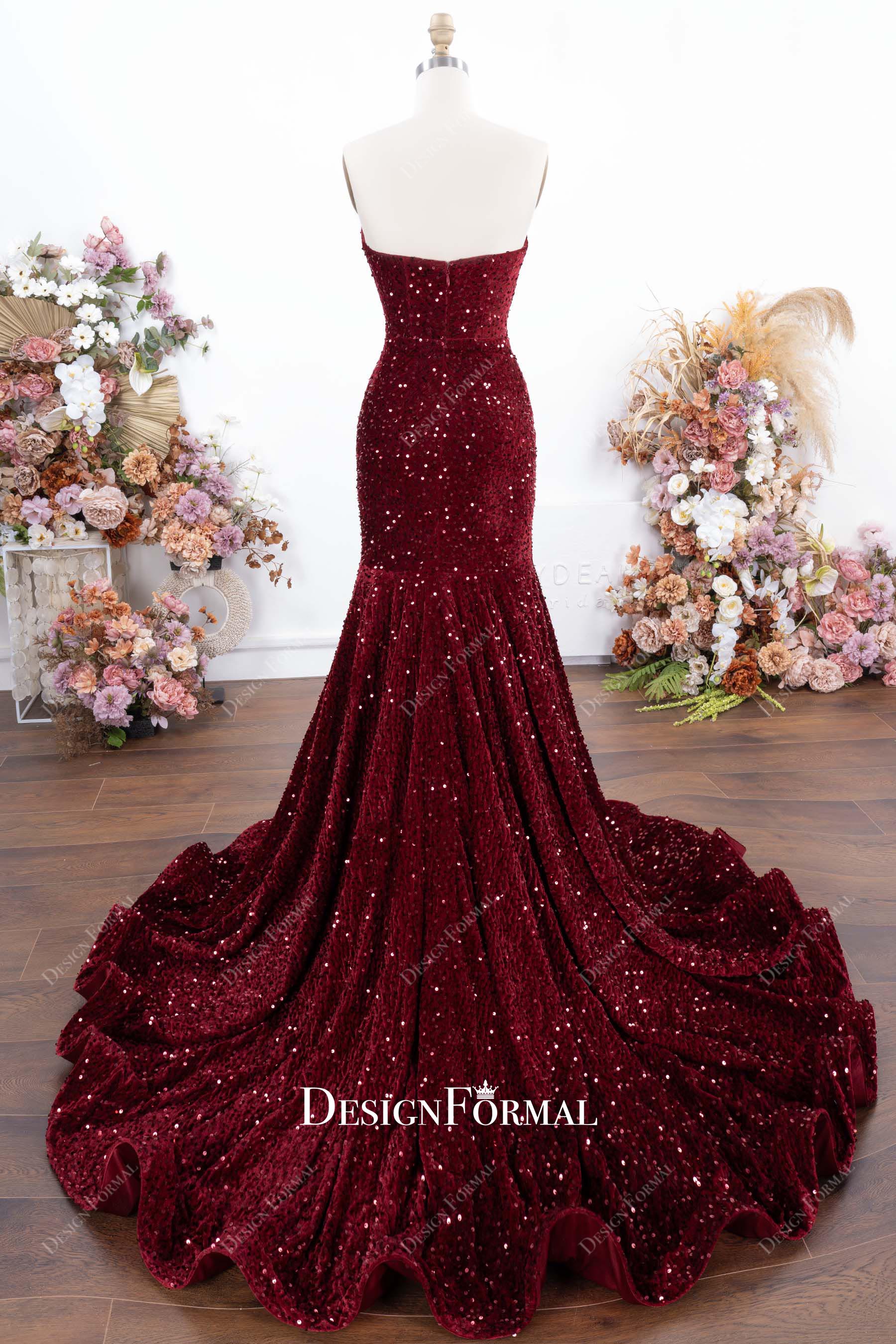 burgundy trumpet chapel train prom dress
