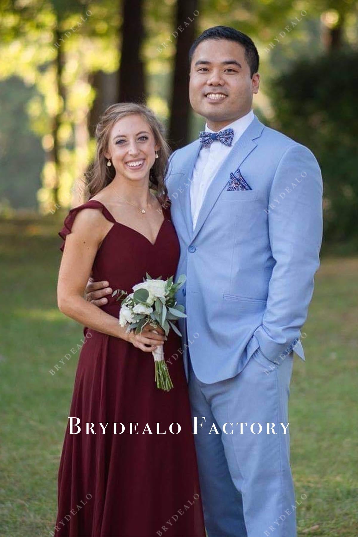 burgundy v neck bridesmaid dress