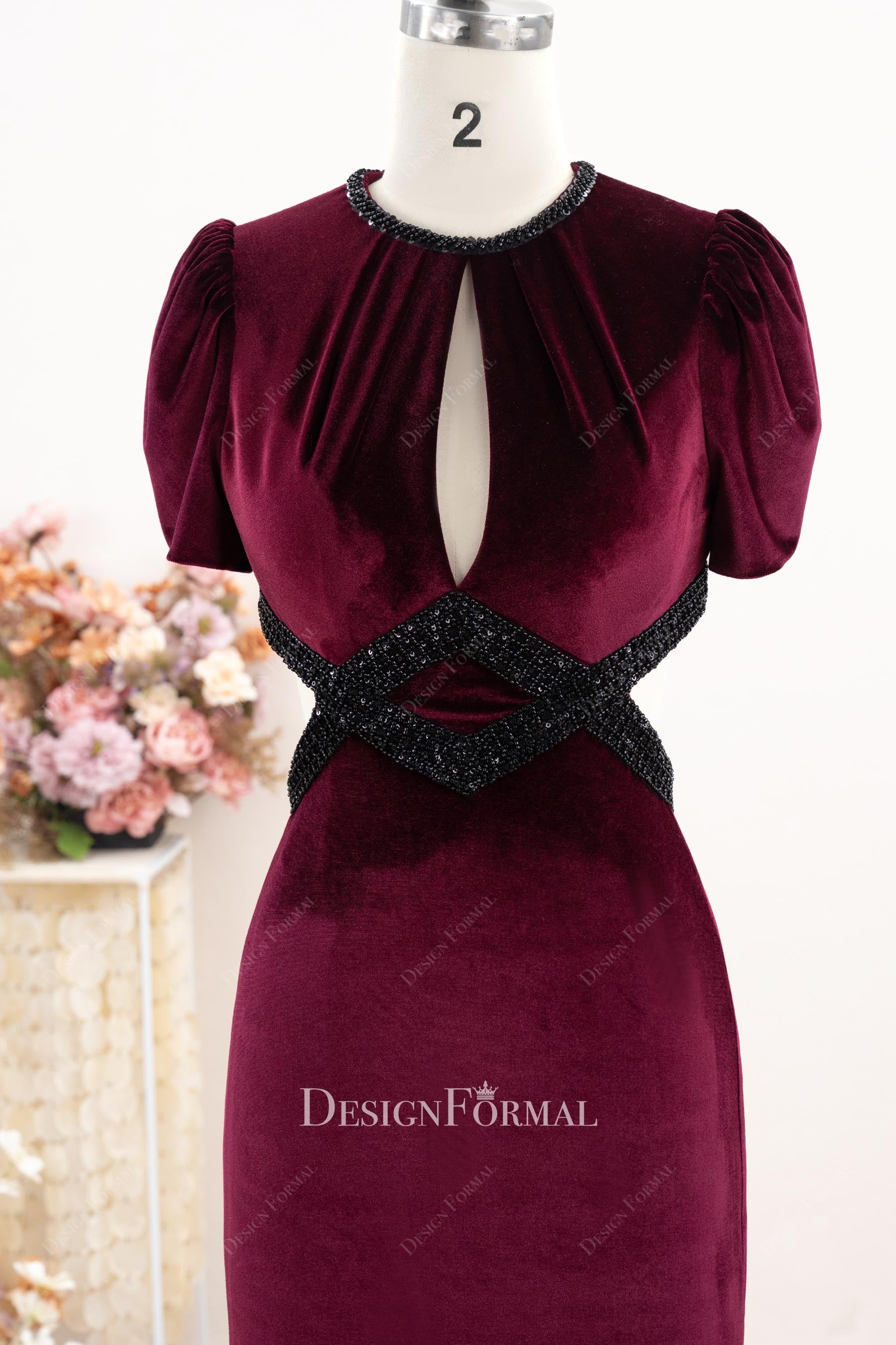 burgundy velvet crew neck formal dress