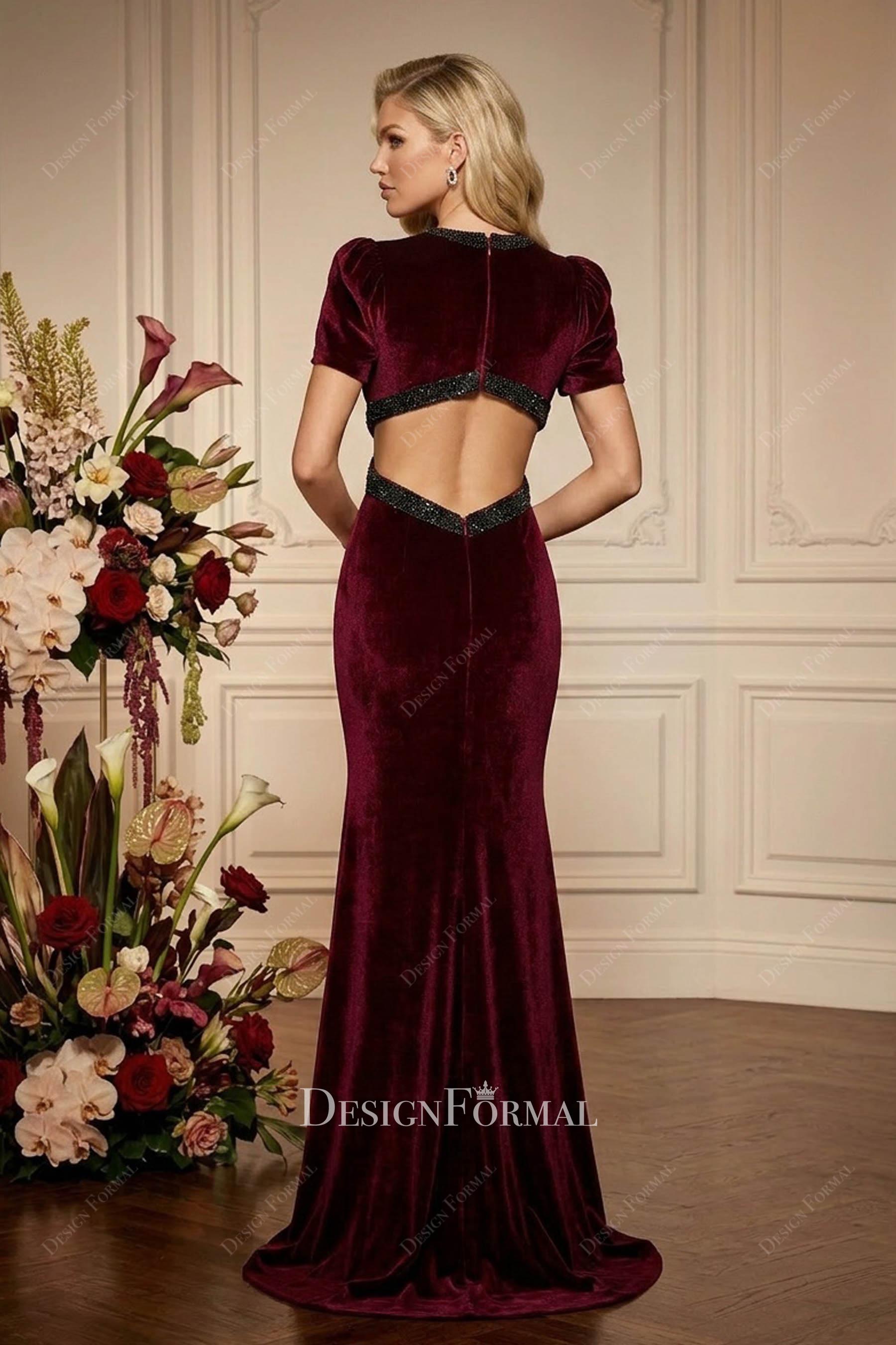 burgundy velvet cutout back formal dress