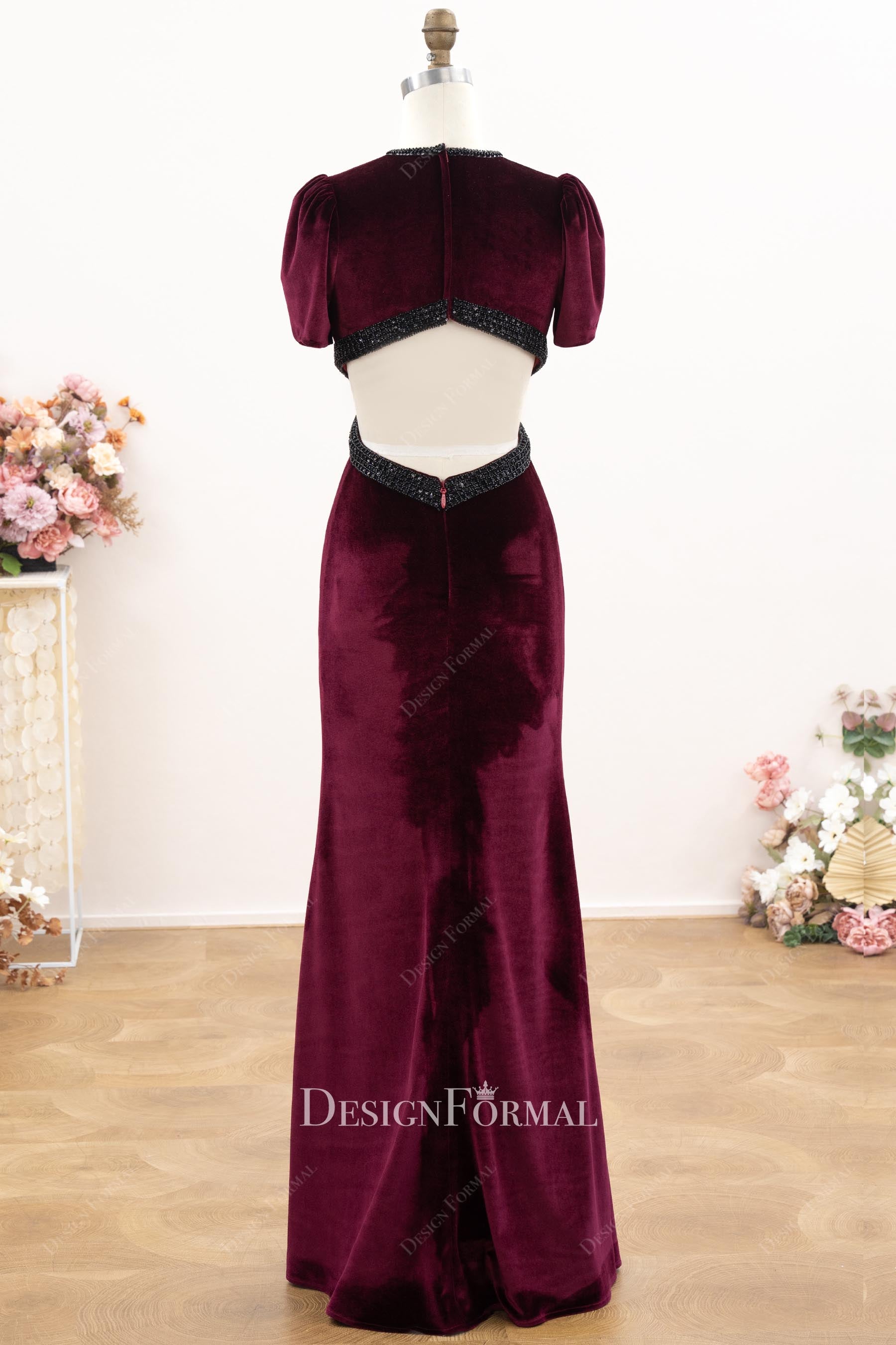 burgundy velvet floor length formal dress