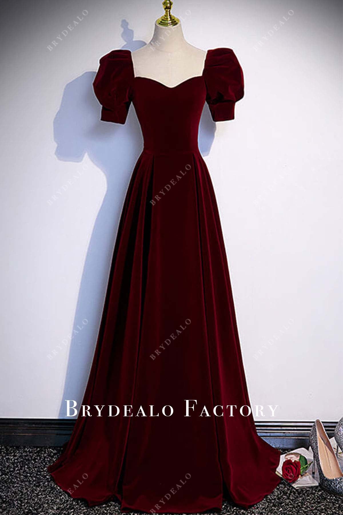 Burgundy Velvet Puffy Sleeves A-Line Prom Dress