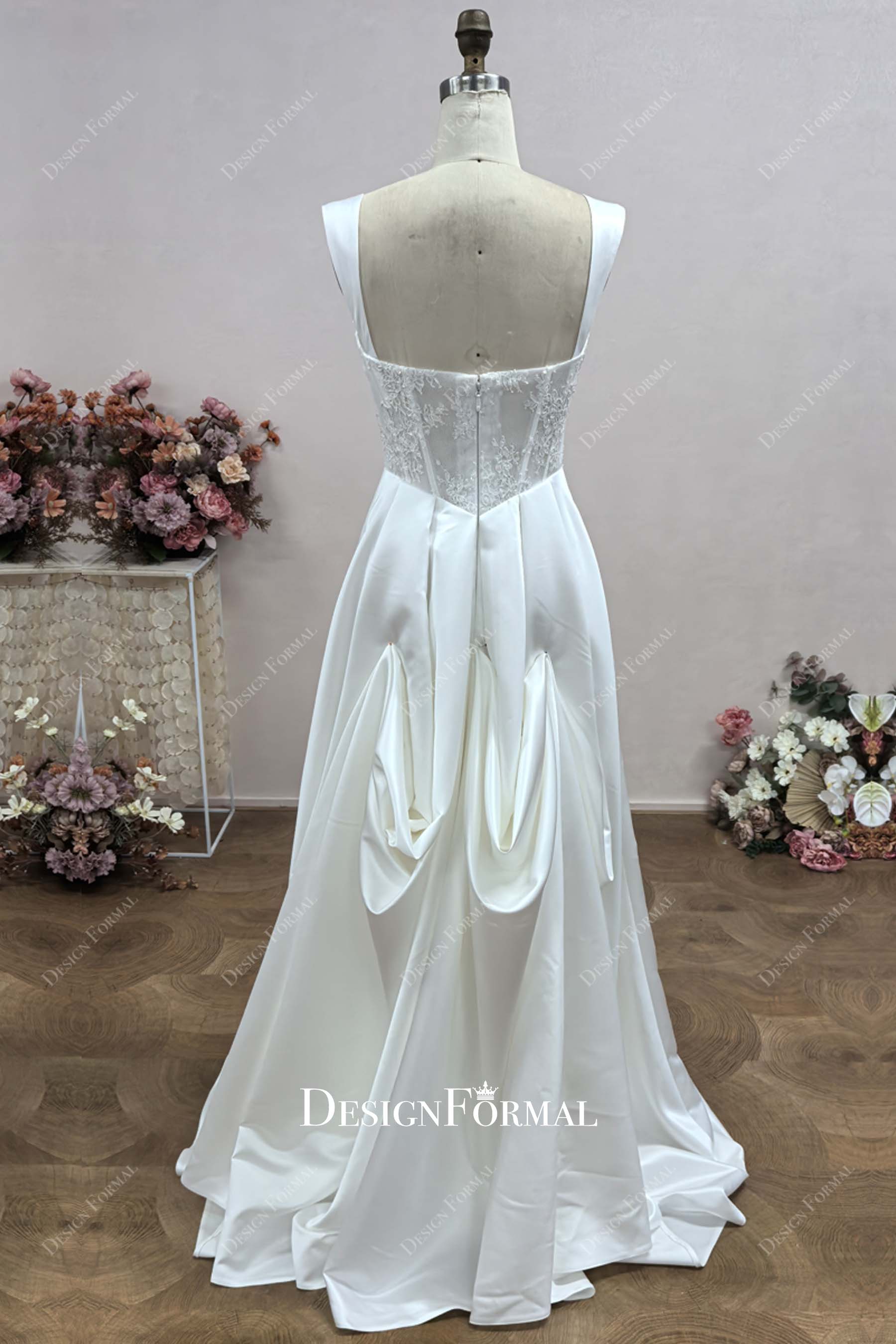 bustle satin illusion back wedding dress