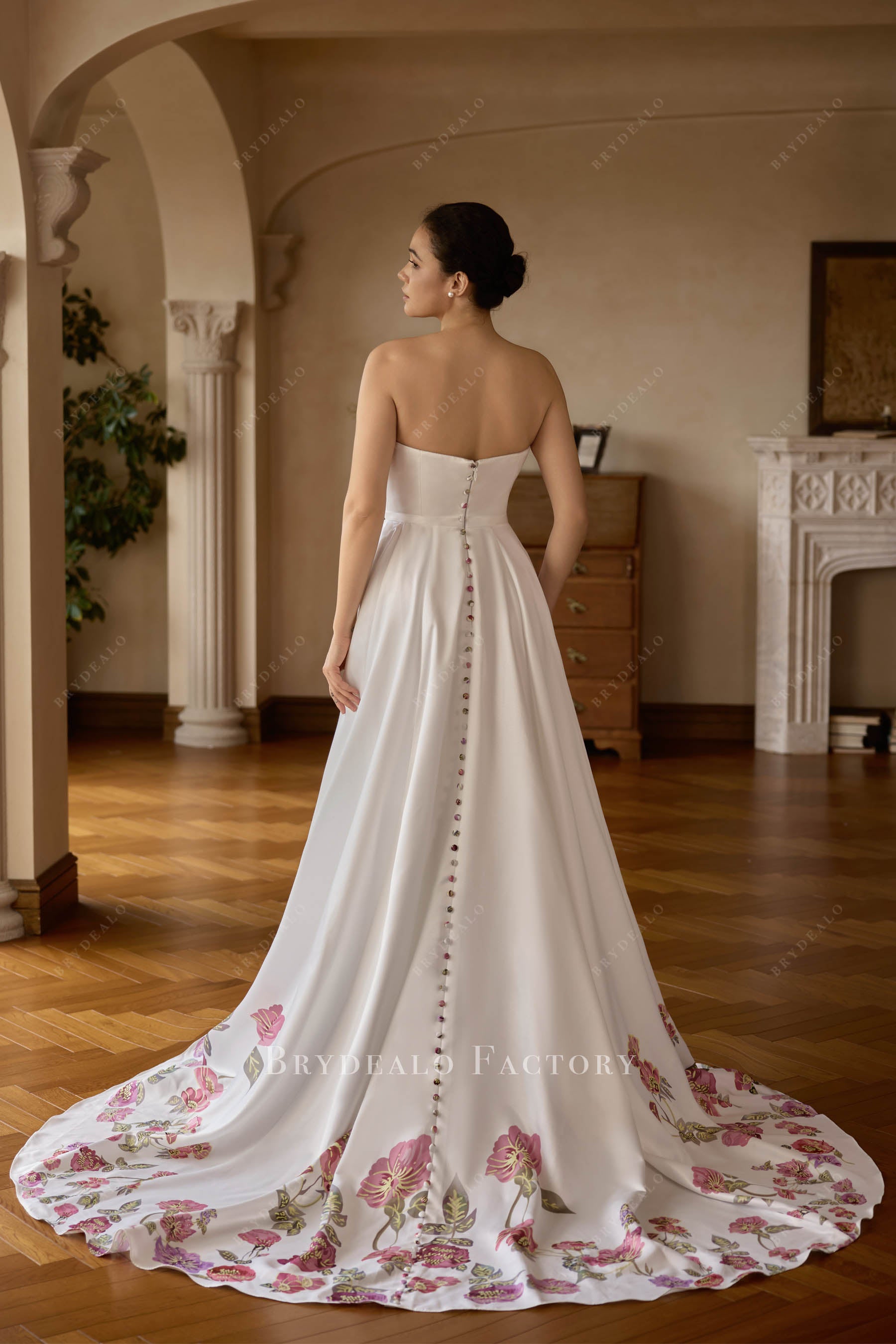 button back chapel train wedding dress