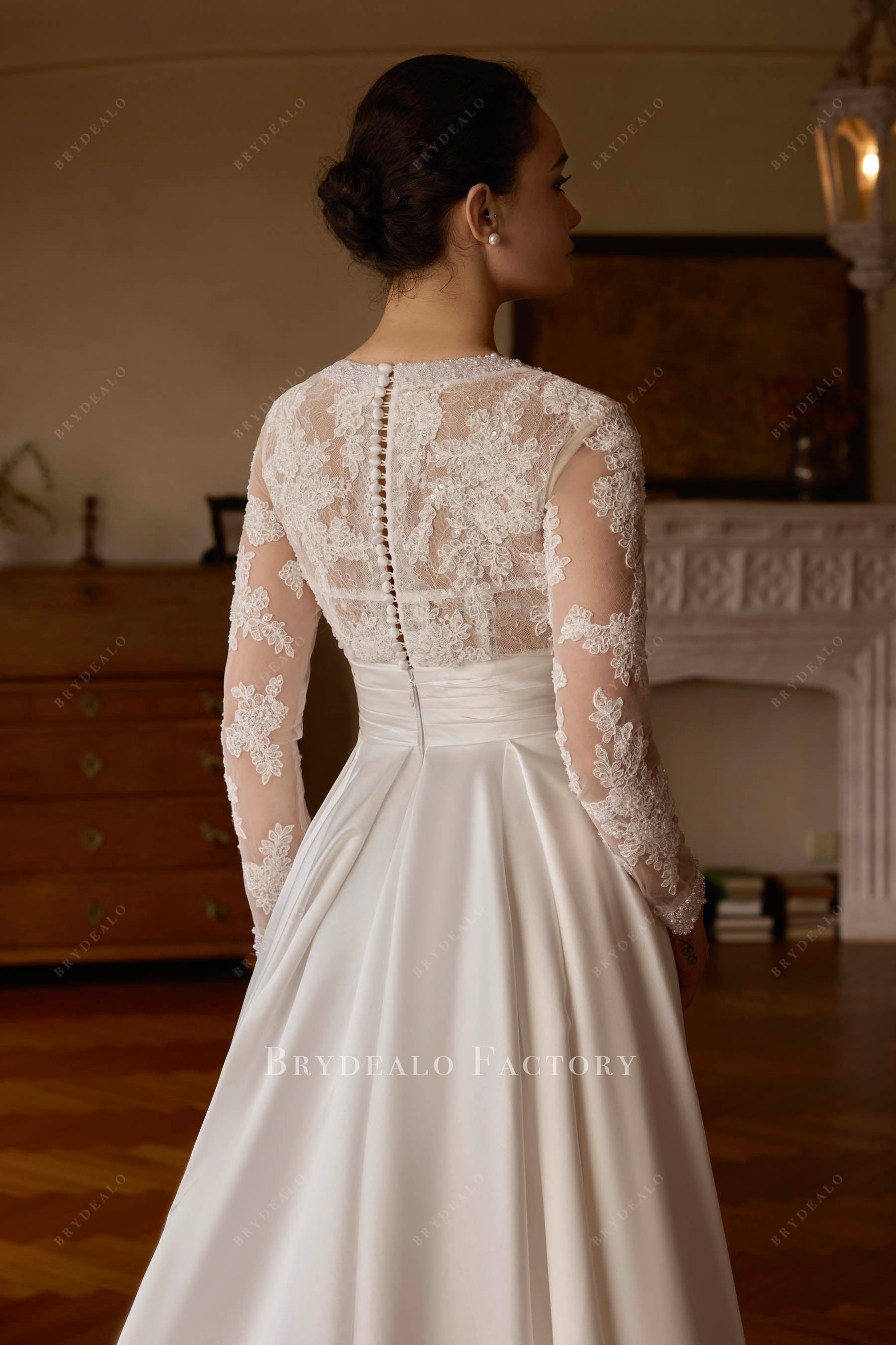 buttoned sheer lace back wedding dress