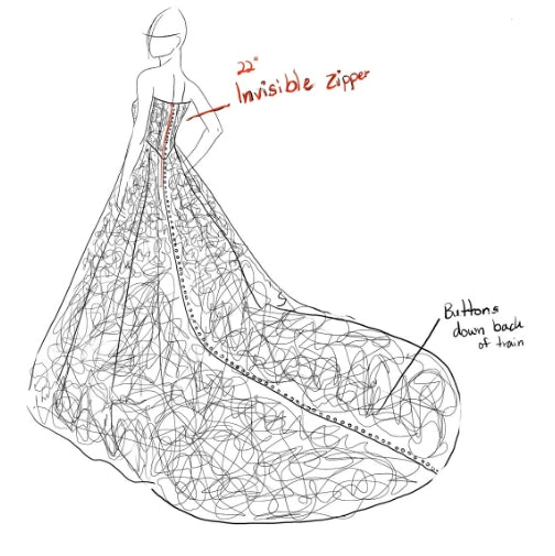 buttons chapel train wedding dress sketch