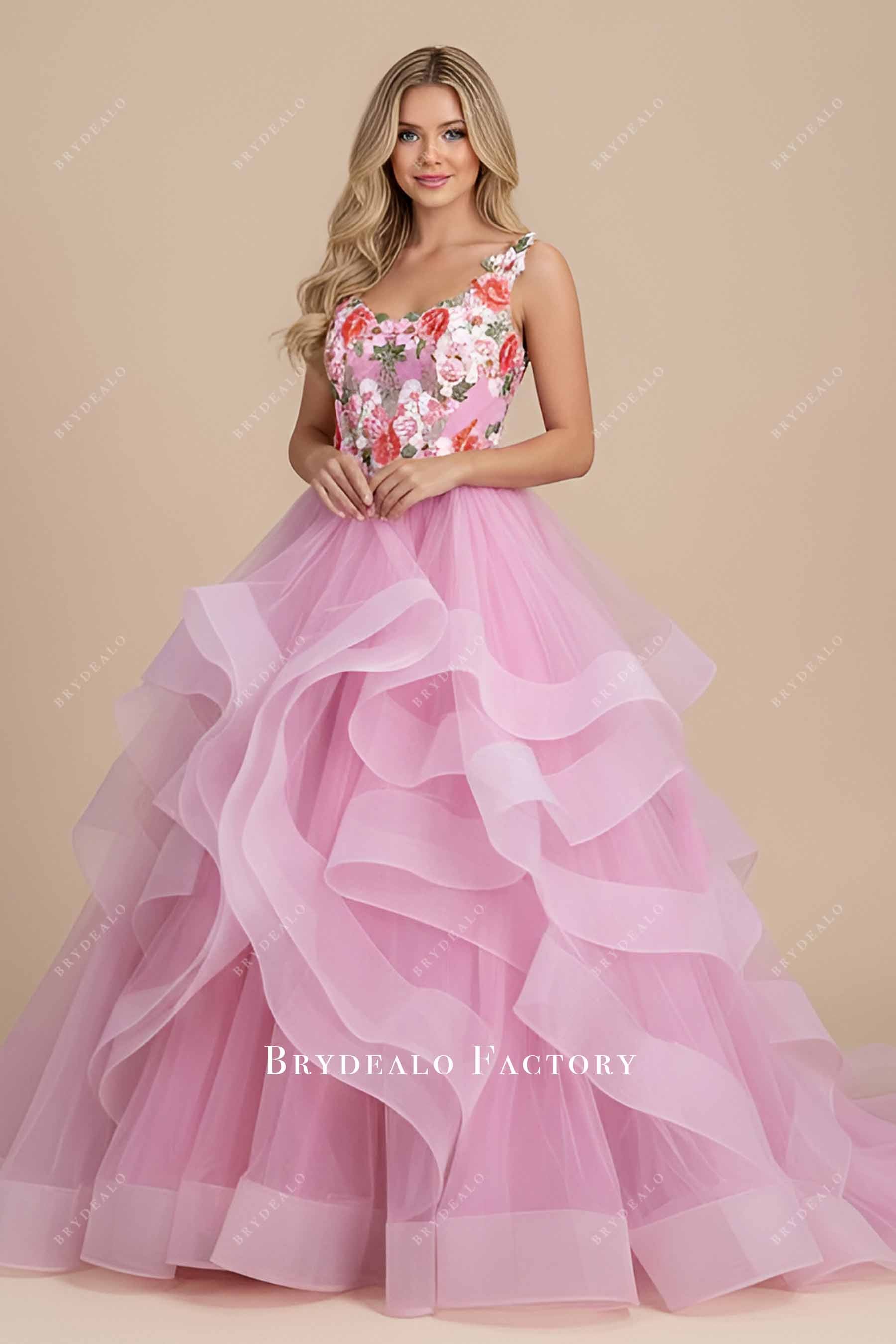 candy pink flower lace ruffled prom dress