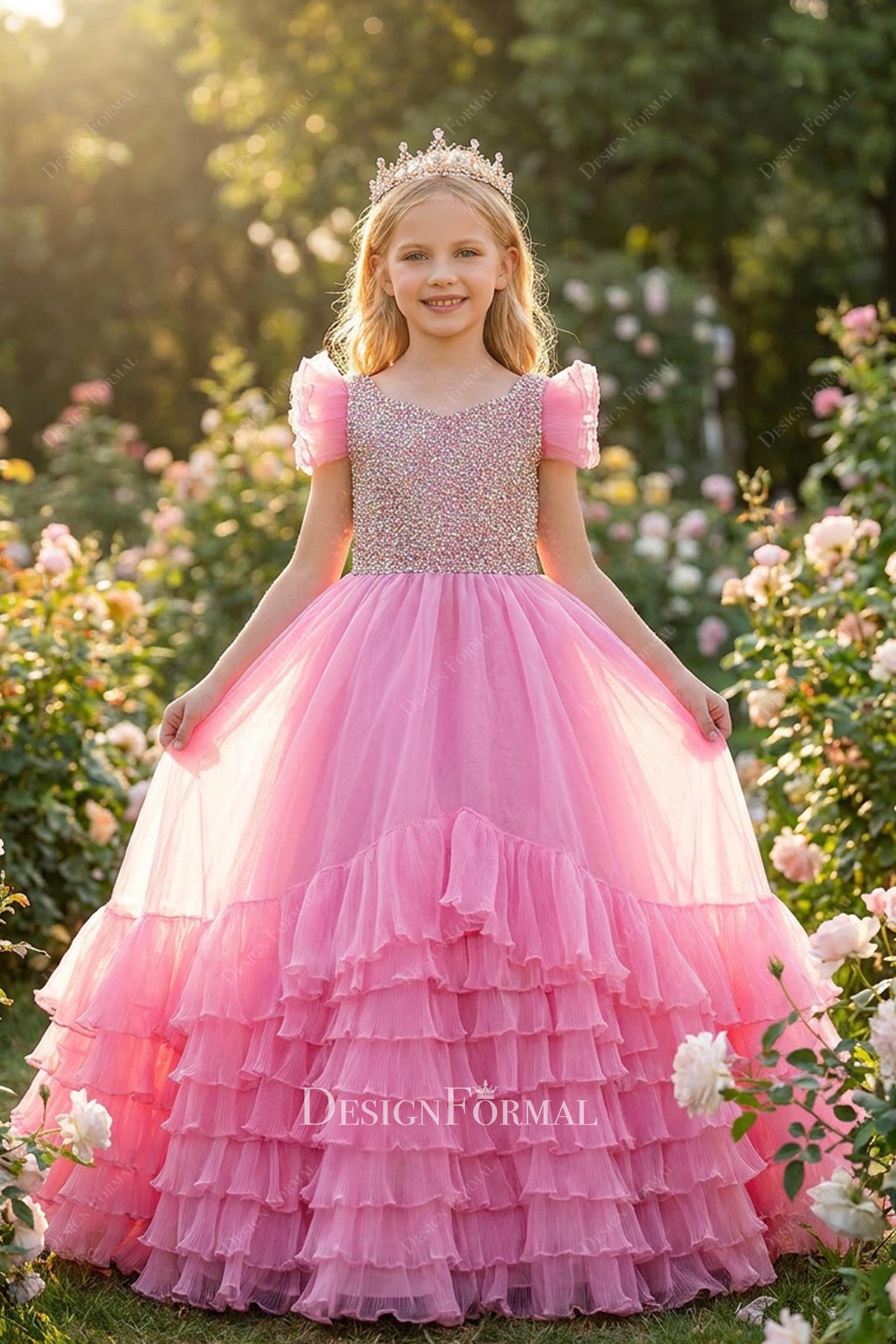 candy pink layered organza pageant ballgown