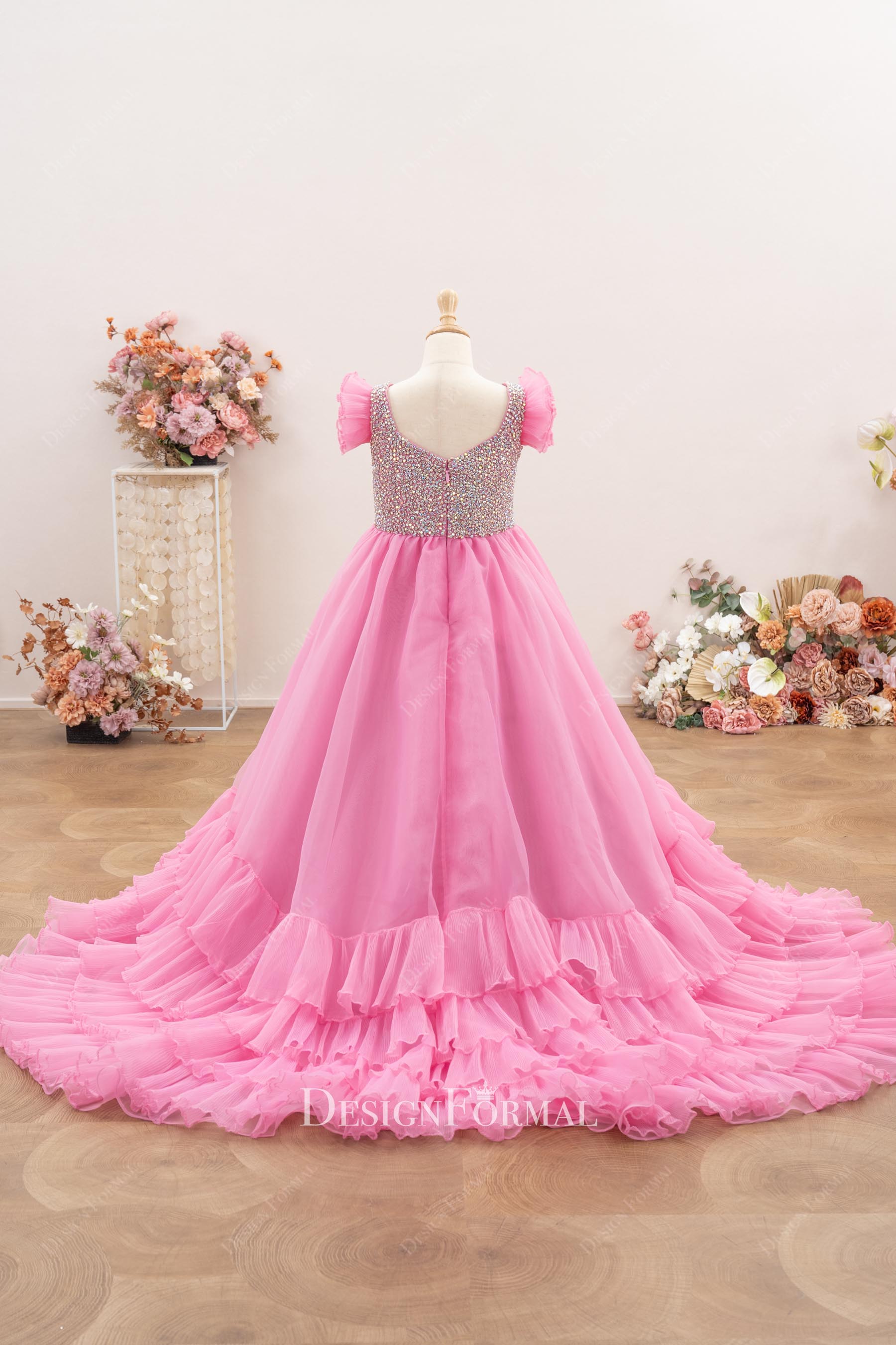 candy pink organza ruffled pageant ballgown