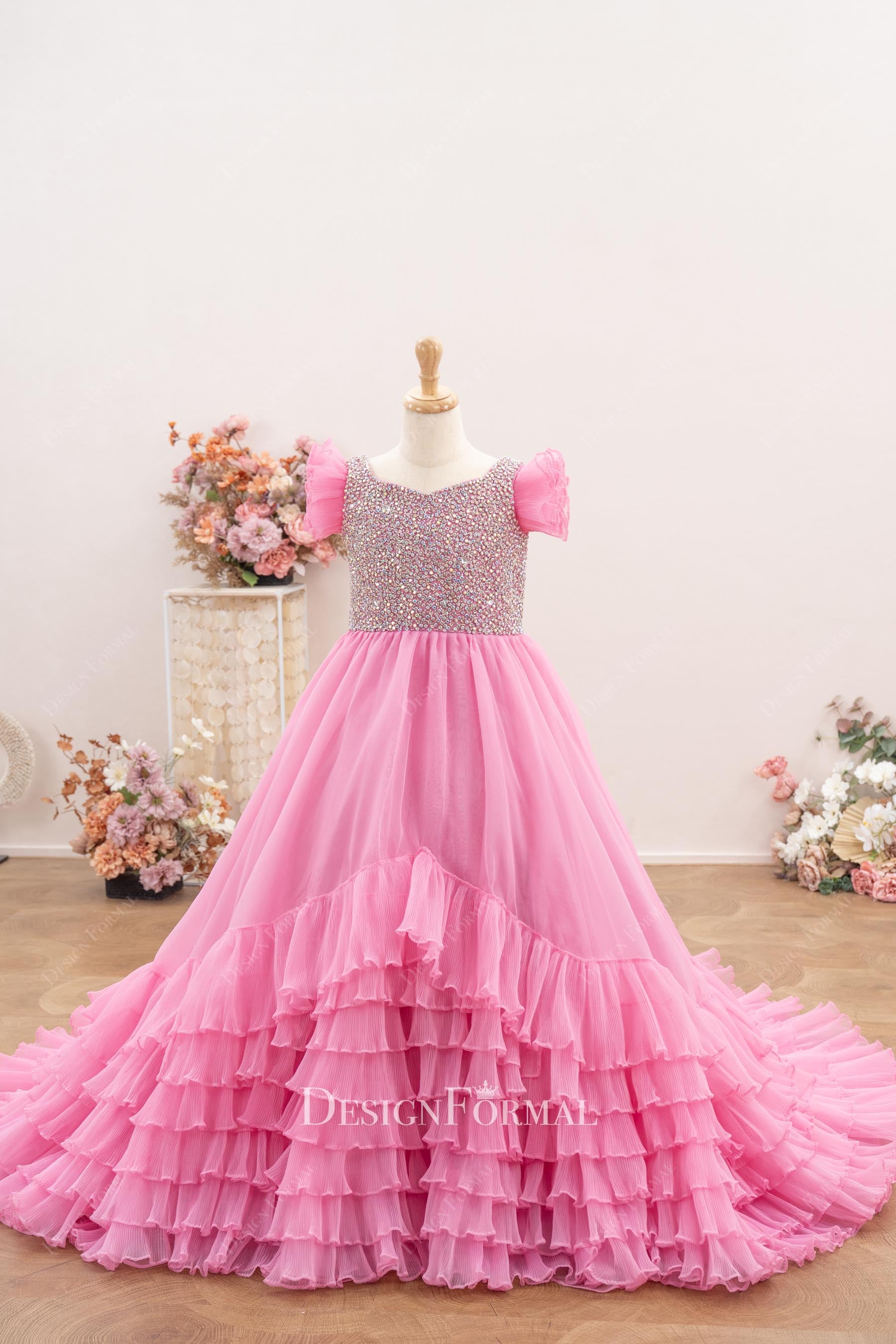 candy pink organza v neck pageant ballgown