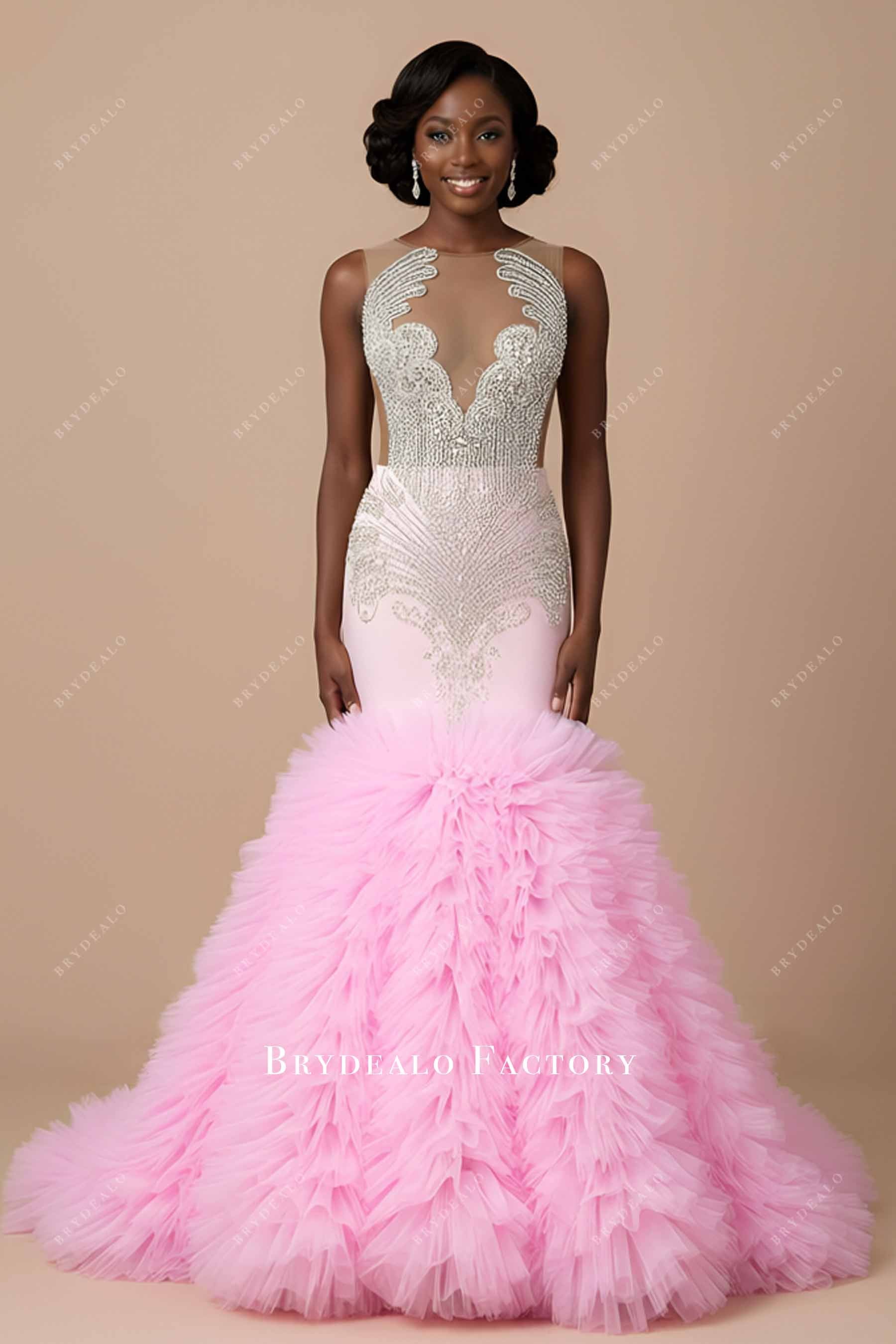 Candy Pink Sparkly Rhinestone Ruffled Trumpet Prom Dress Candy Pink Sparkly Rhinestone Ruffled Trumpet Prom Dress