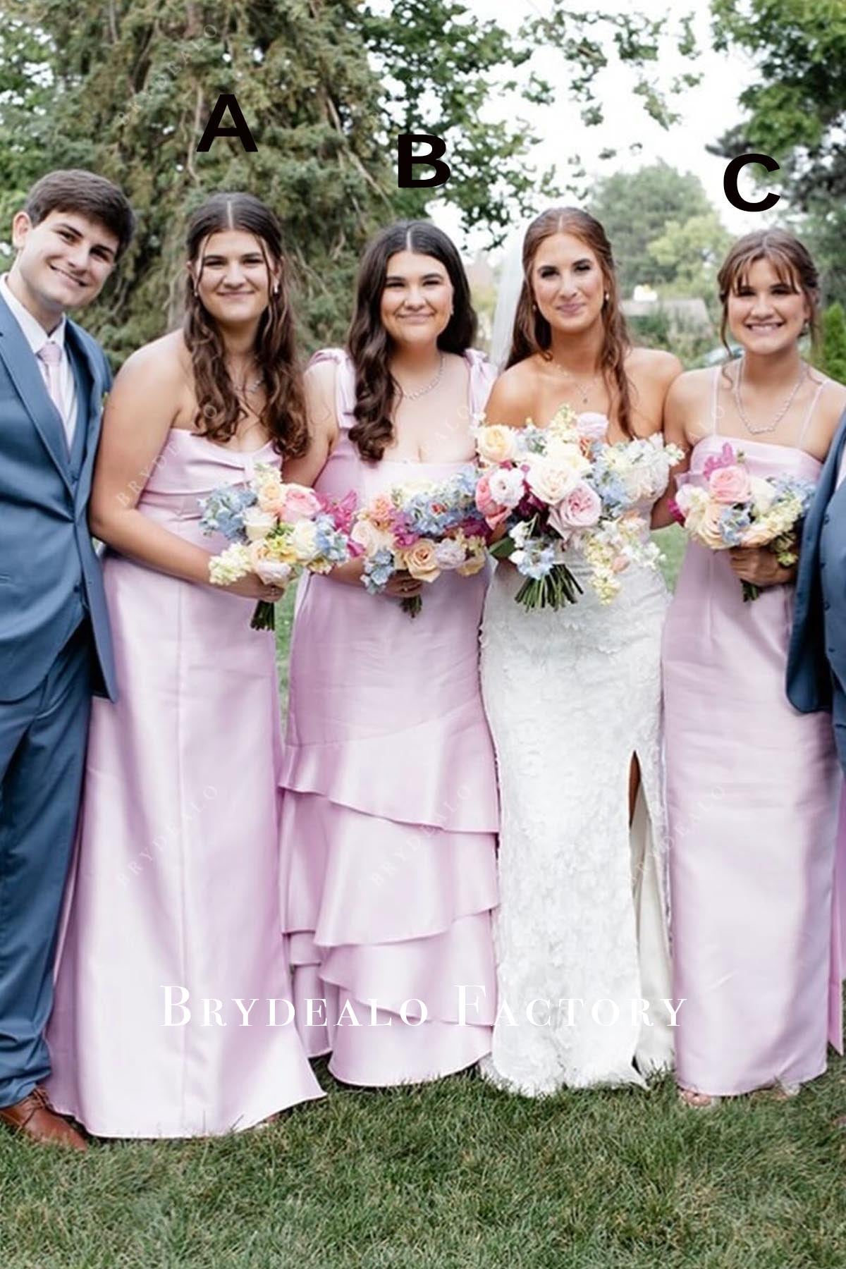 candy pink sleeveless long mismatched bridesmaid dresses