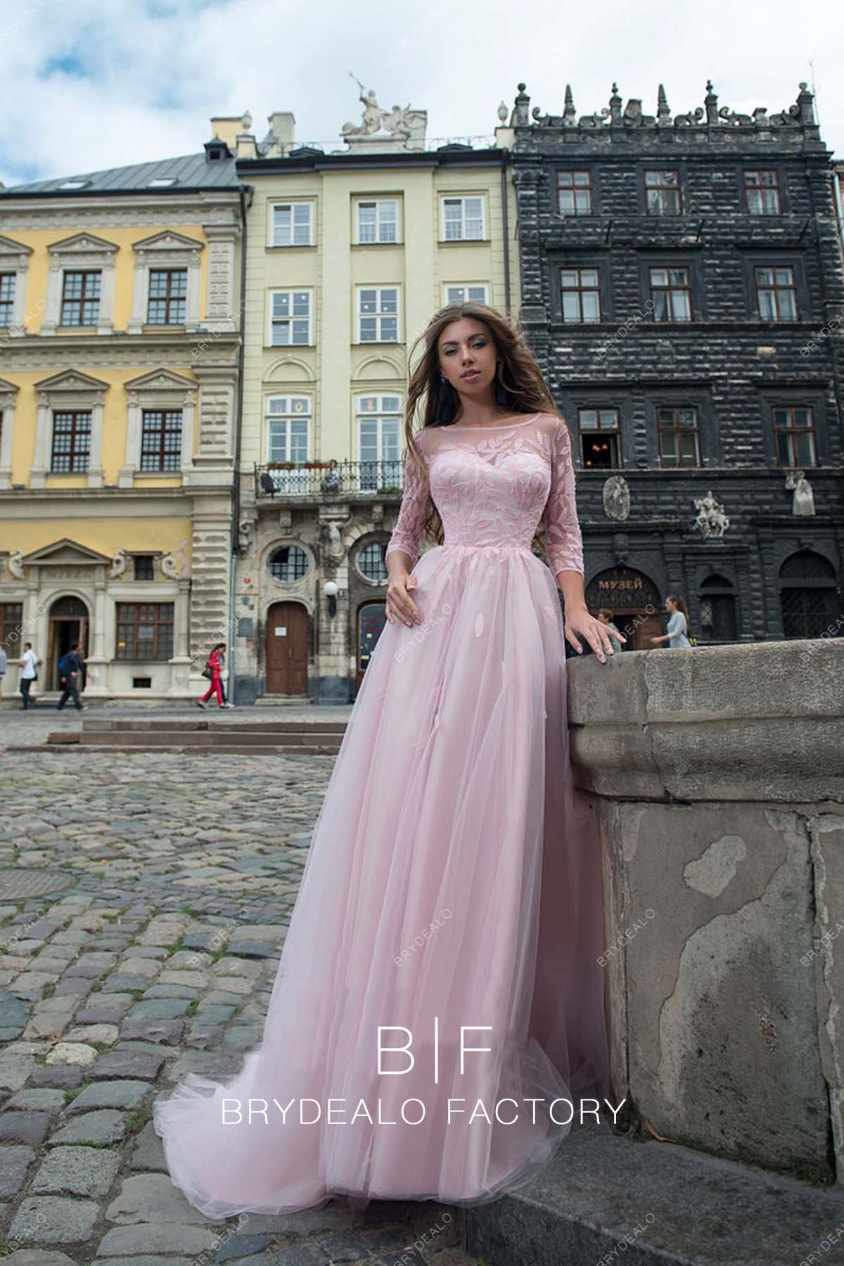Candy Pink Illusion Neck 3/4 Lace Tulle Prom Formal Dress