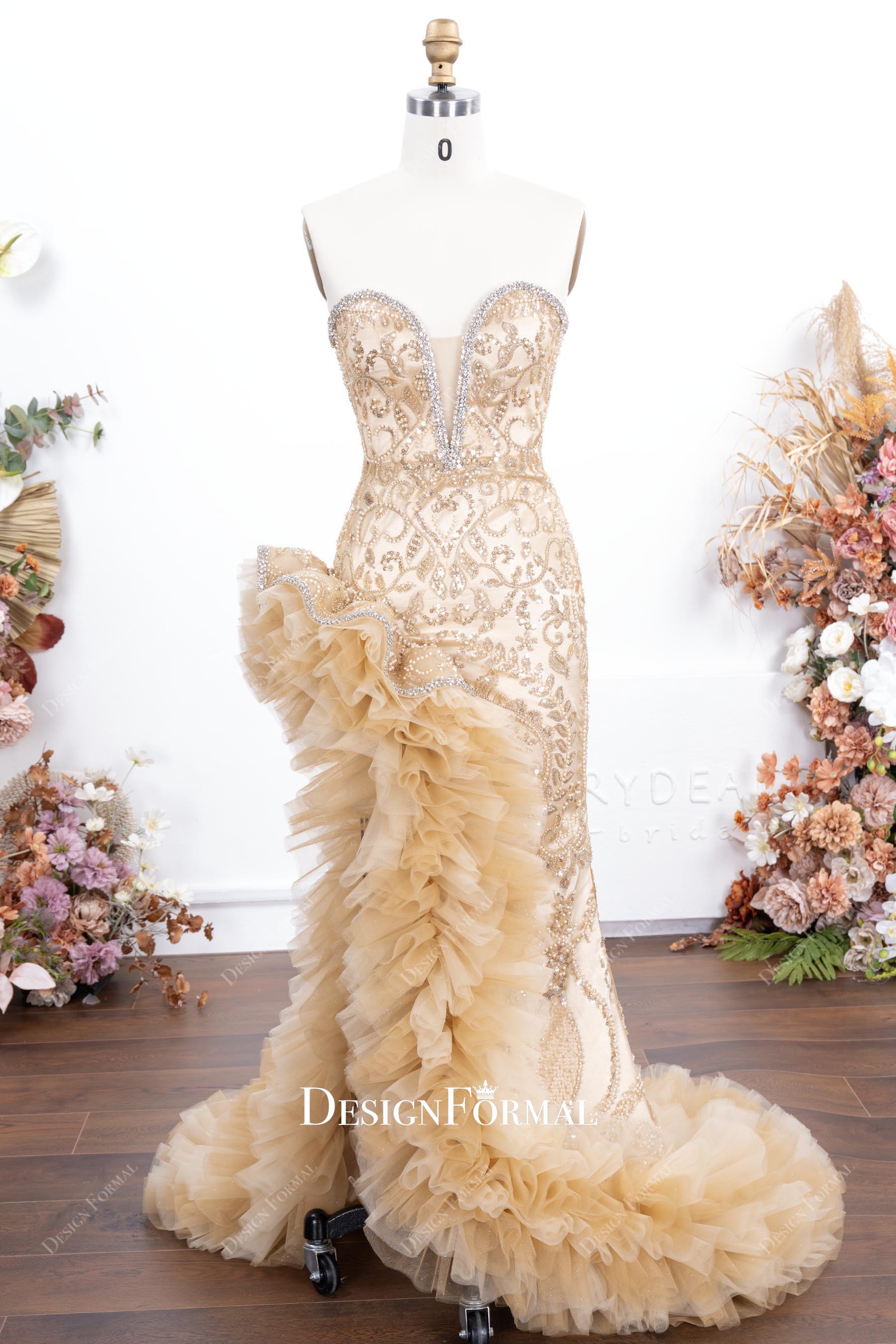 champagne beaded strapless split prom dress