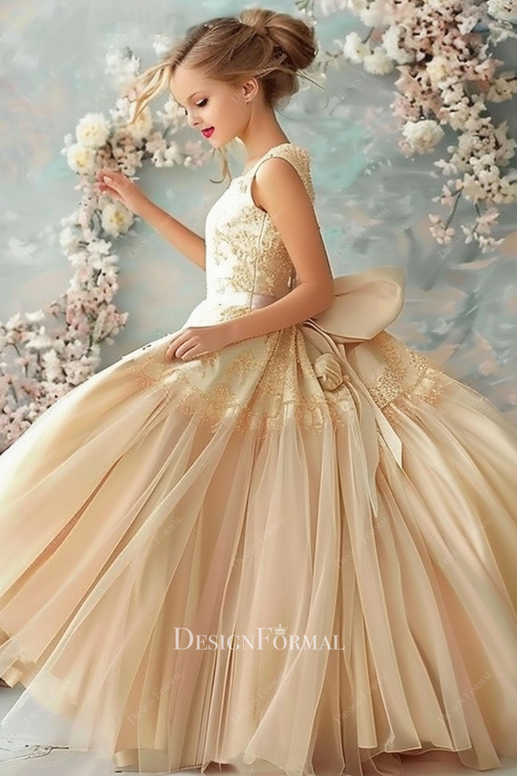 champagne big bowknot flower girl ballgown
