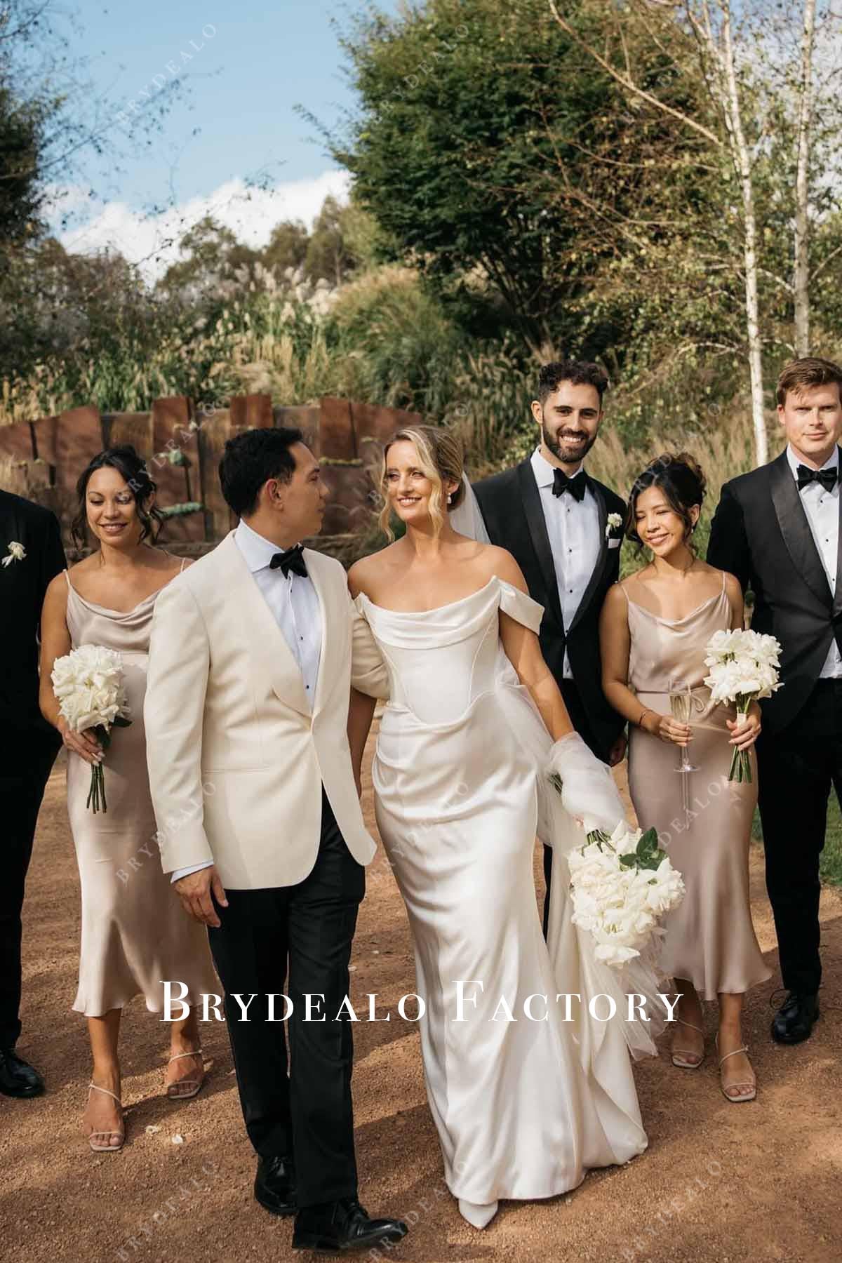 champagne cowl neck bridesmaid dress