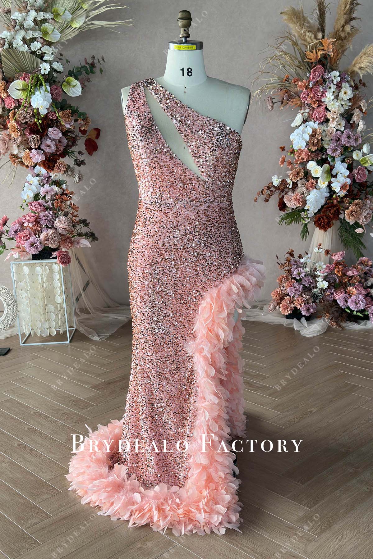 Custom Champagne Gold Sequin Feather Slit Plus Size Birthday Event Dress Custom Champagne Gold Sequin Feather Slit Plus Size Birthday Event Dress