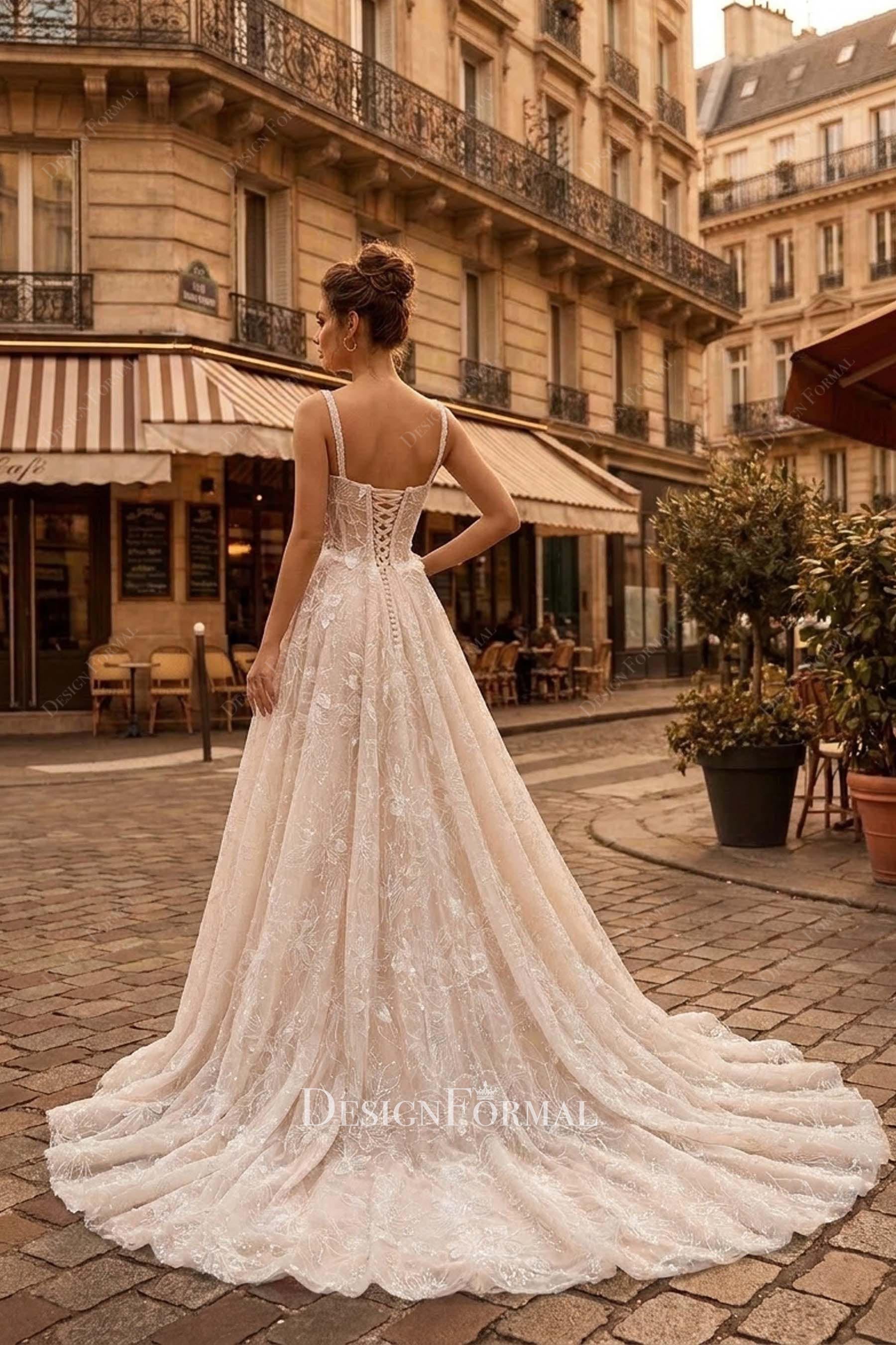 champagne lace open back wedding dress