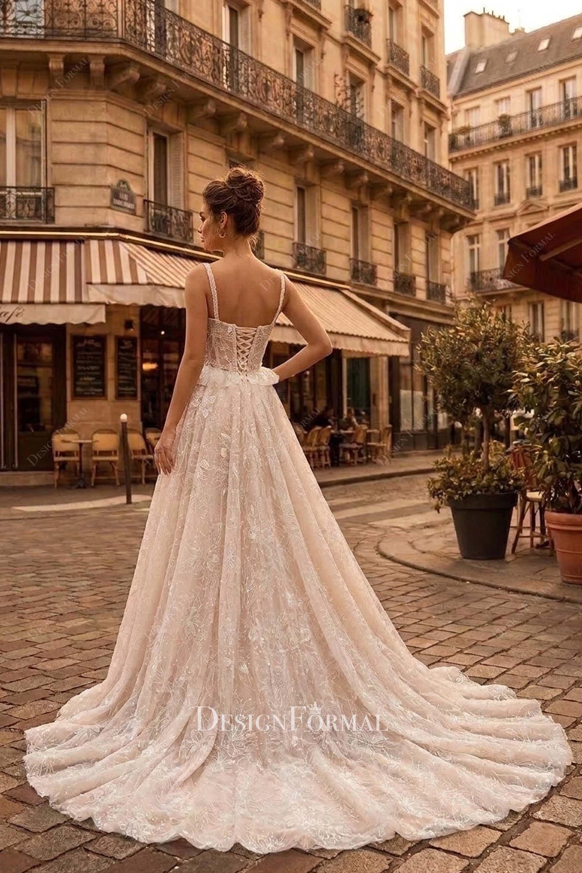 champagne lace open back wedding dress