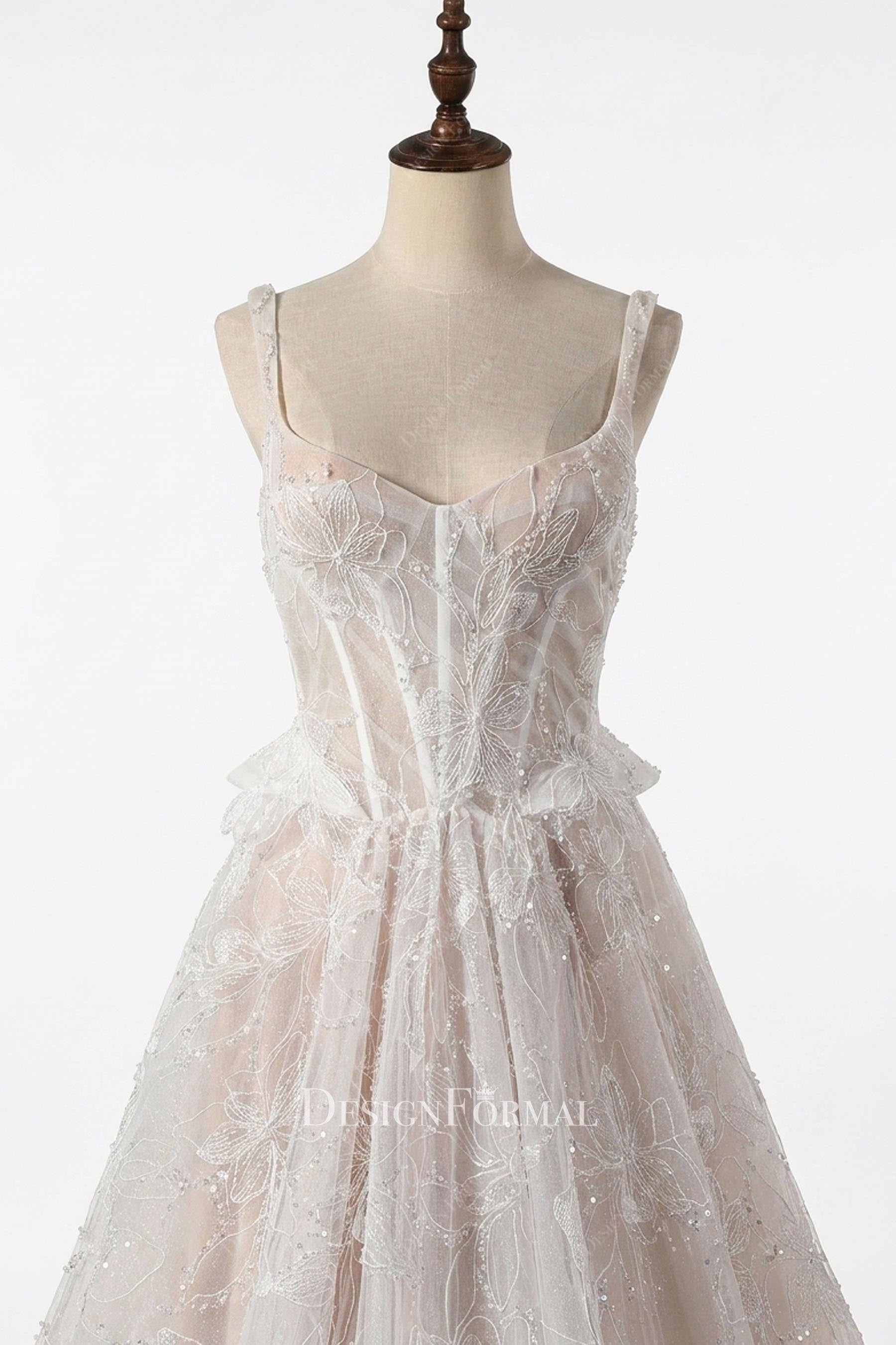 champagne lace v neck wedding dress